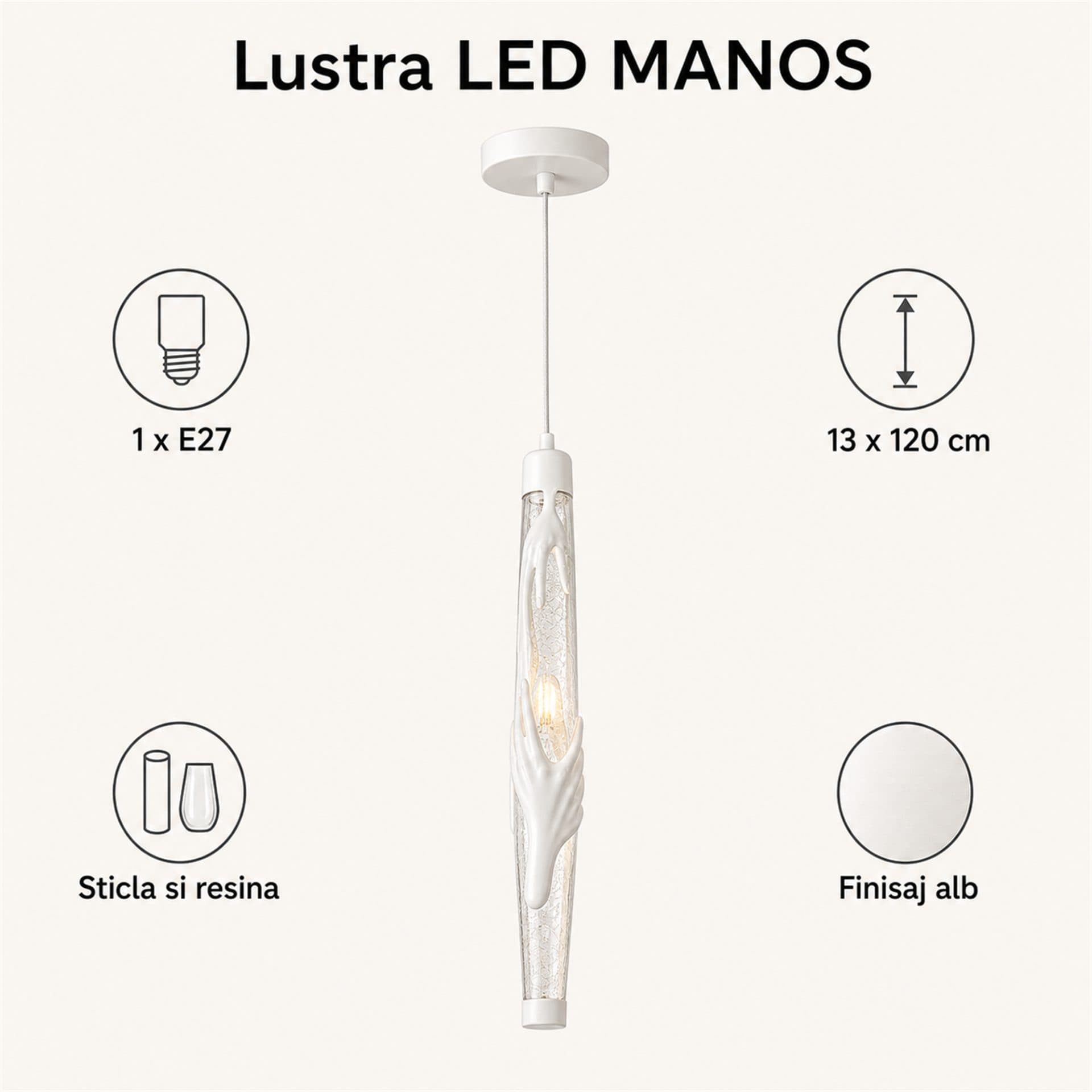 Lustra LED Flippy MANOS 13x120cm Sticla si Resina Alb — imagine 11