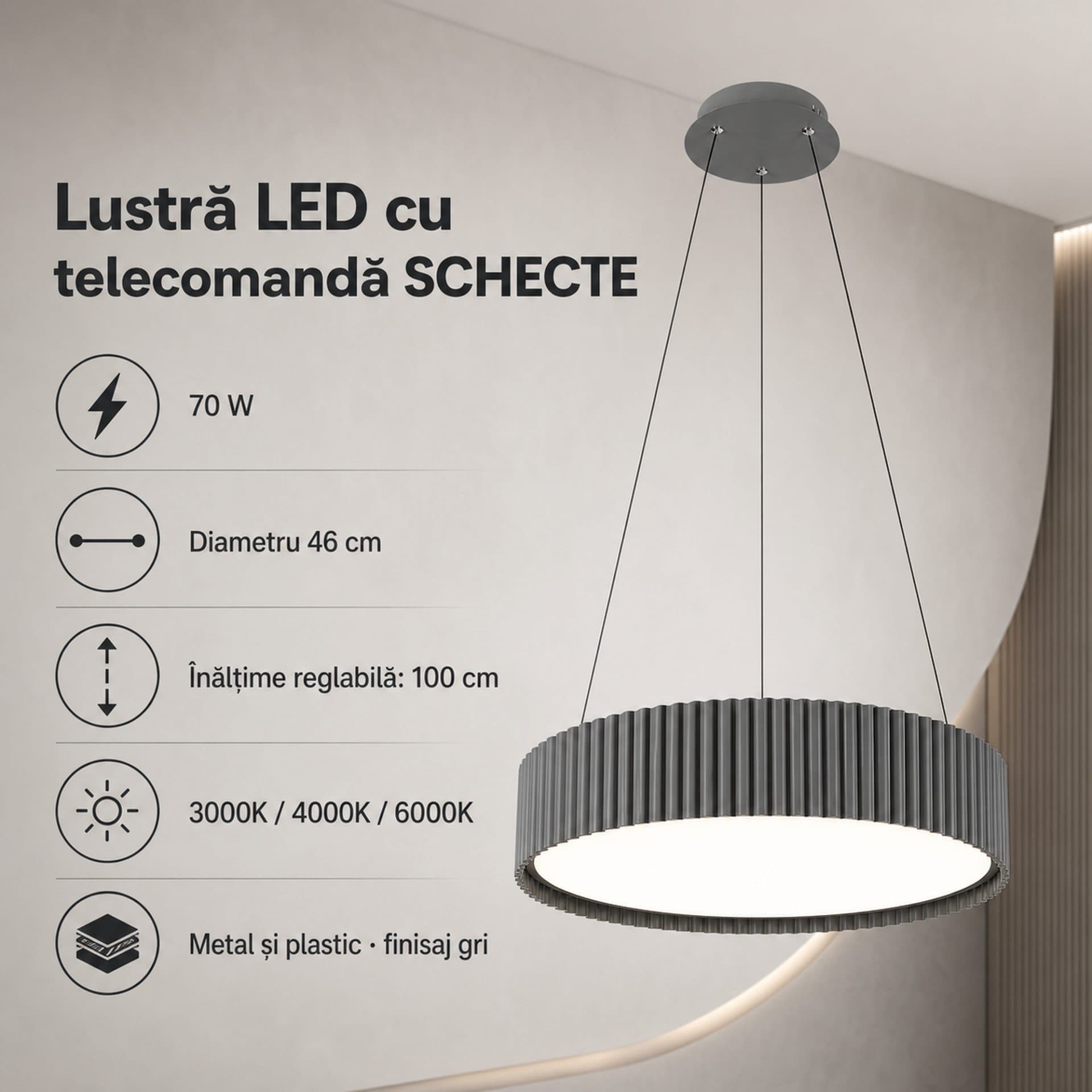 Lustra LED Flippy 70W Gri cu telecomanda — imagine 4
