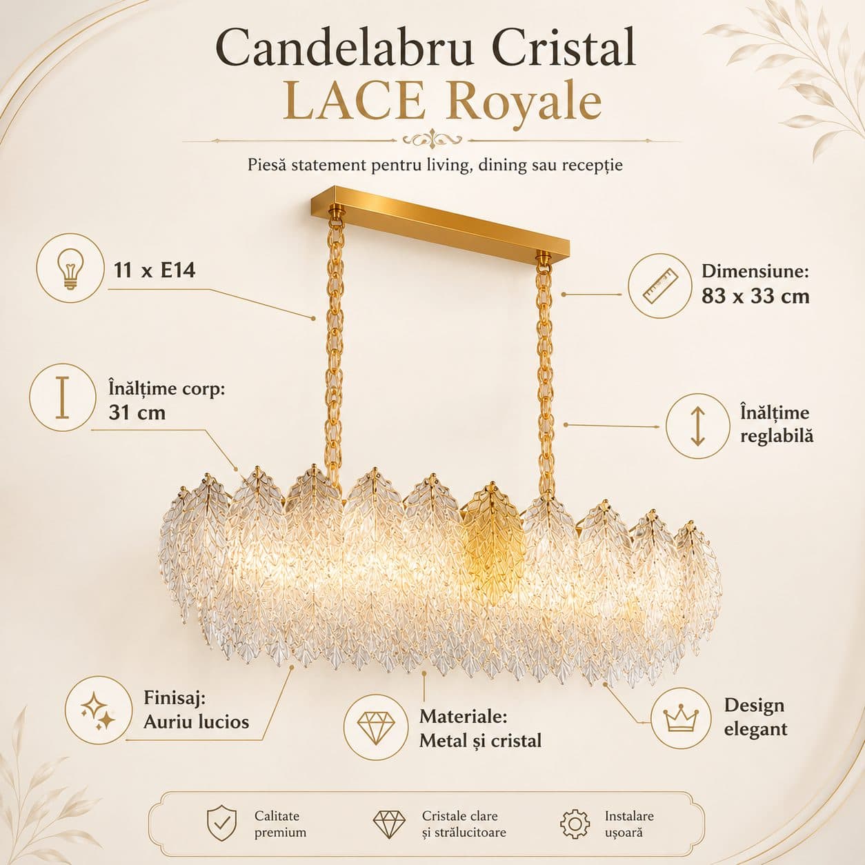 Candelabru Cristal LACE Royale 11xE14 Auriu Lucios Design Elegant — imagine 4