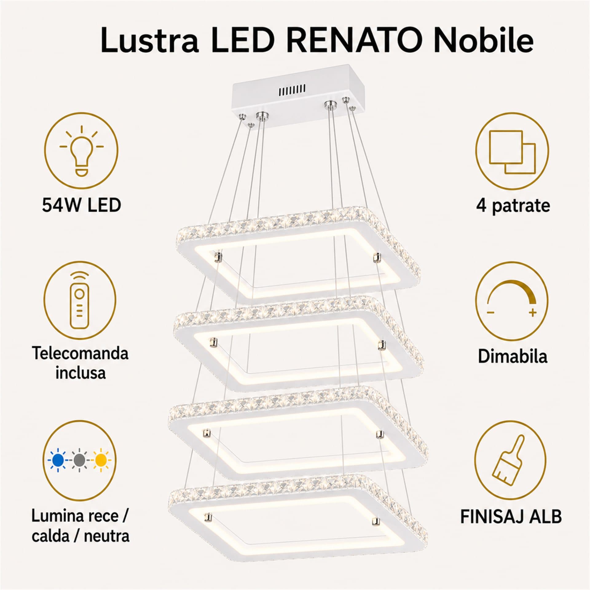 Lustra LED Flippy RENATO Nobile cu telecomanda si cristal, 54W, 4 Patrate, Lumina Rece/Calda/Neutra, Dimabila, Alb — imagine 1