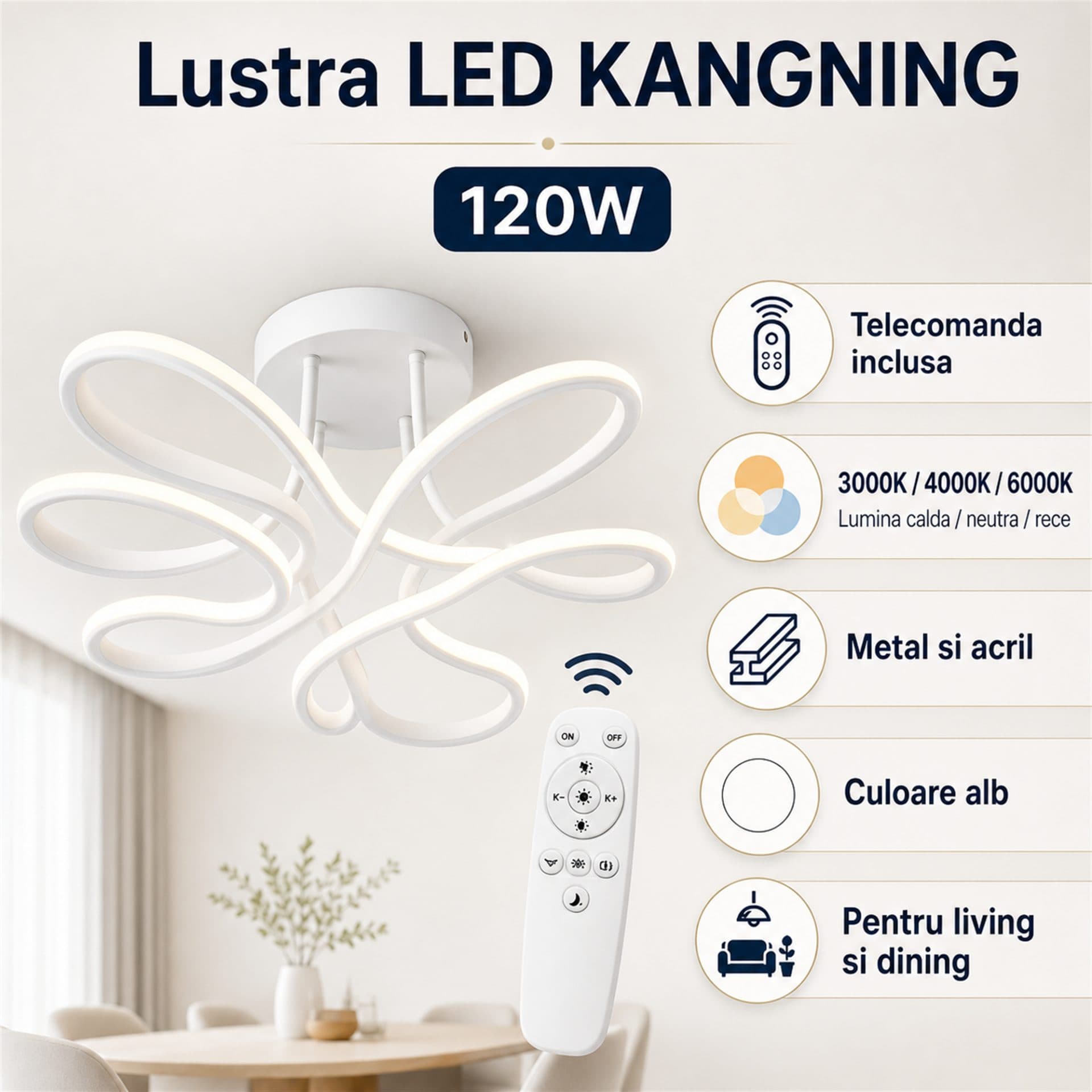 Lustra LED cu telecomanda Flippy KANGNING, 120W, Alb — imagine 12