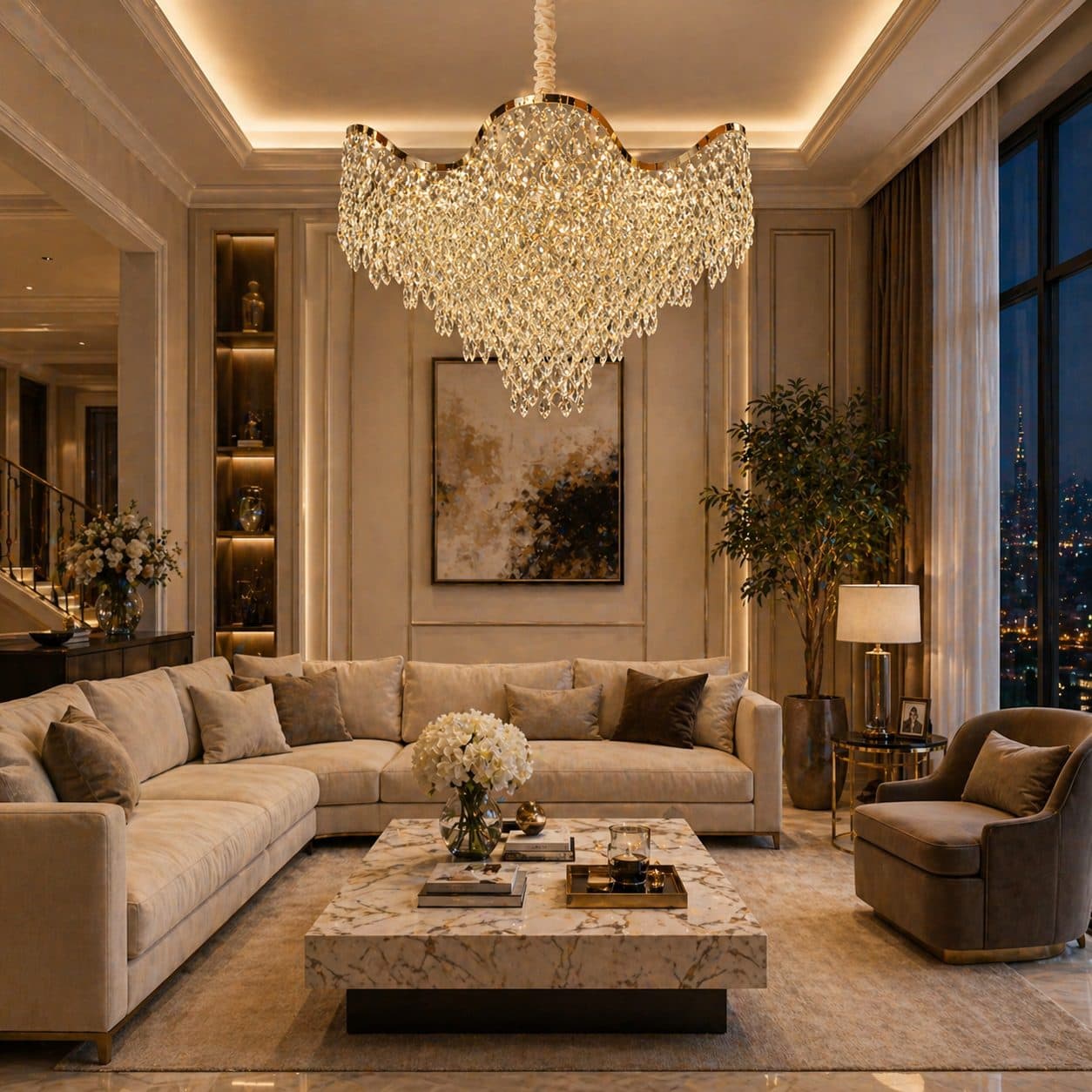 Candelabru Cristal VELOURA Regalis 22xE14, D80 cm, Auriu, Inaltime Reglabila, Metal si Cristal — imagine 7