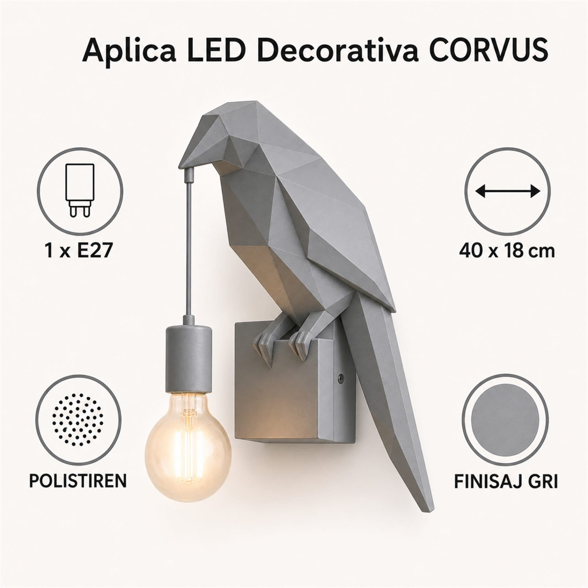 Aplica de perete decorativa Flippy CORVUS Gri 40x18cm Soclu E27 — imagine 7