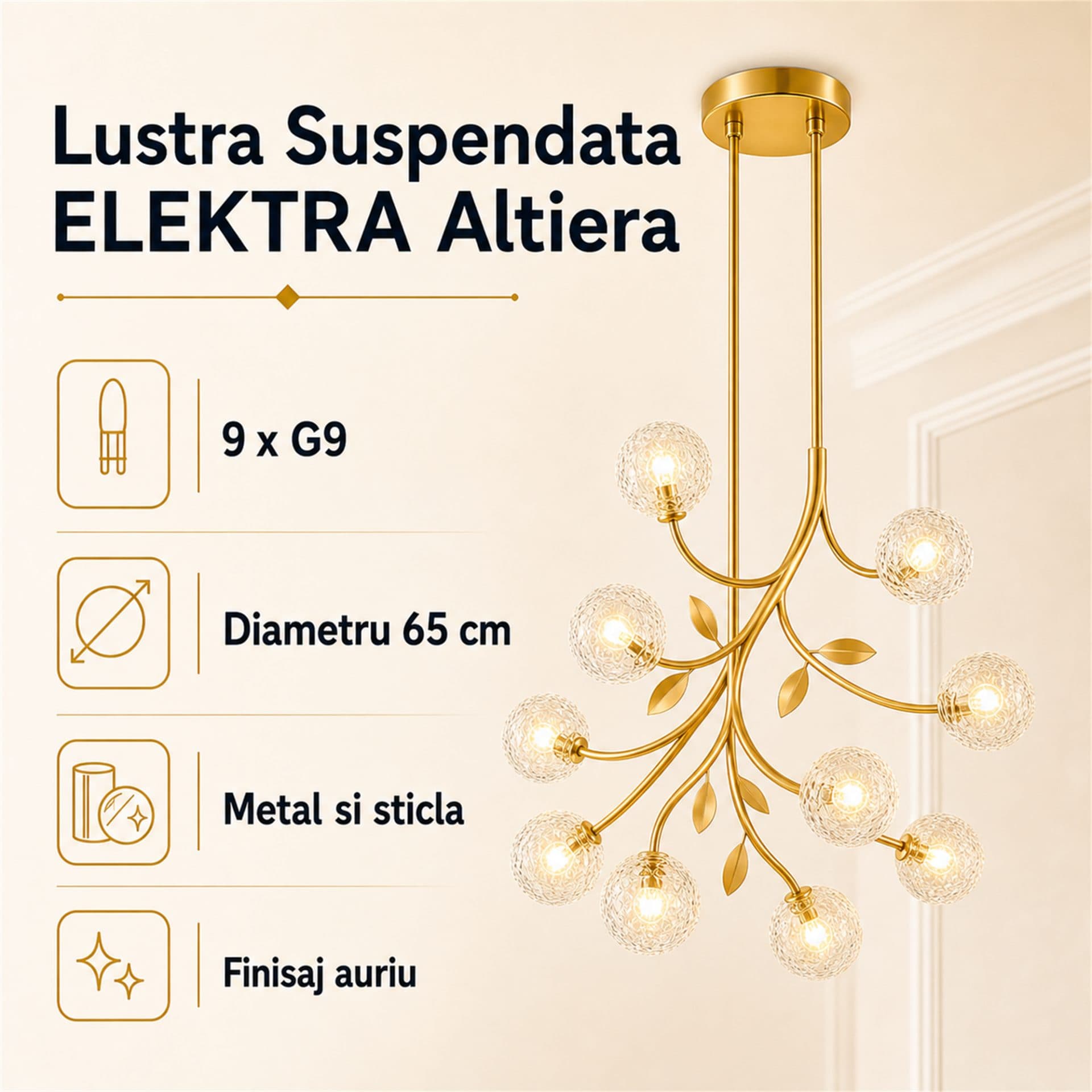 Lustra Suspendata Flippy ELEKTRA Altiera, Ø65cm, 9xG9, Auriu, Metal si Sticla — imagine 8
