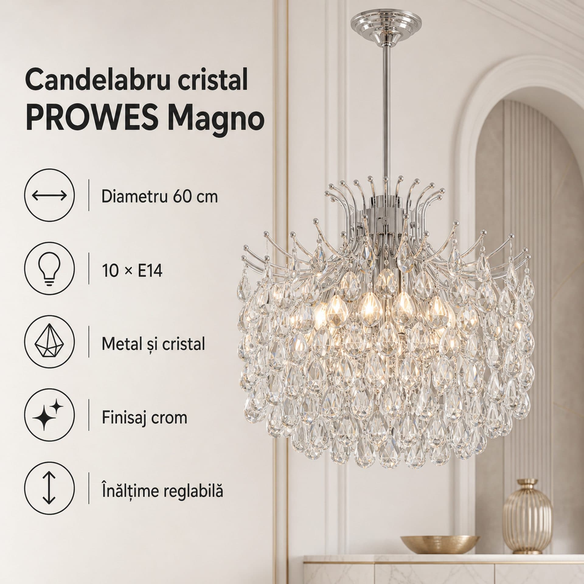 Candelabru Flippy Cristal 10x E14 Diametru 60 cm Crom Lucios Inaltime Reglabila — imagine 5