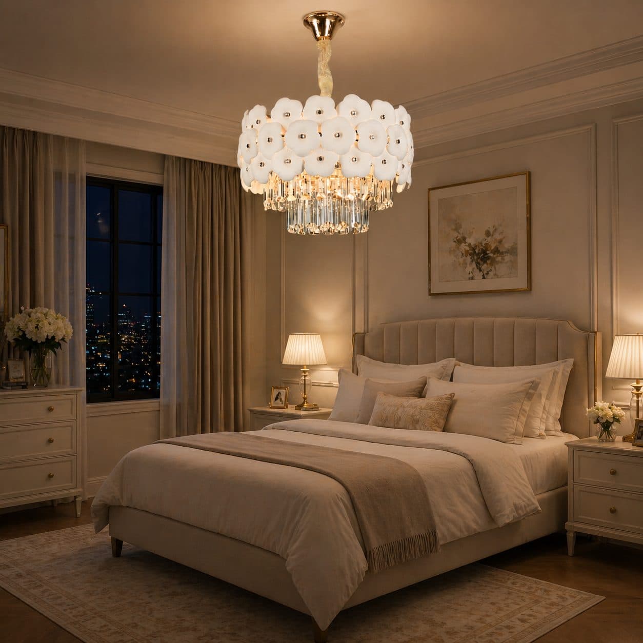 Candelabru Flippy Cristal PETAL Nobile 6xE14, D40 cm, Auriu, Inaltime Reglabila, Metal si Cristal — imagine 6