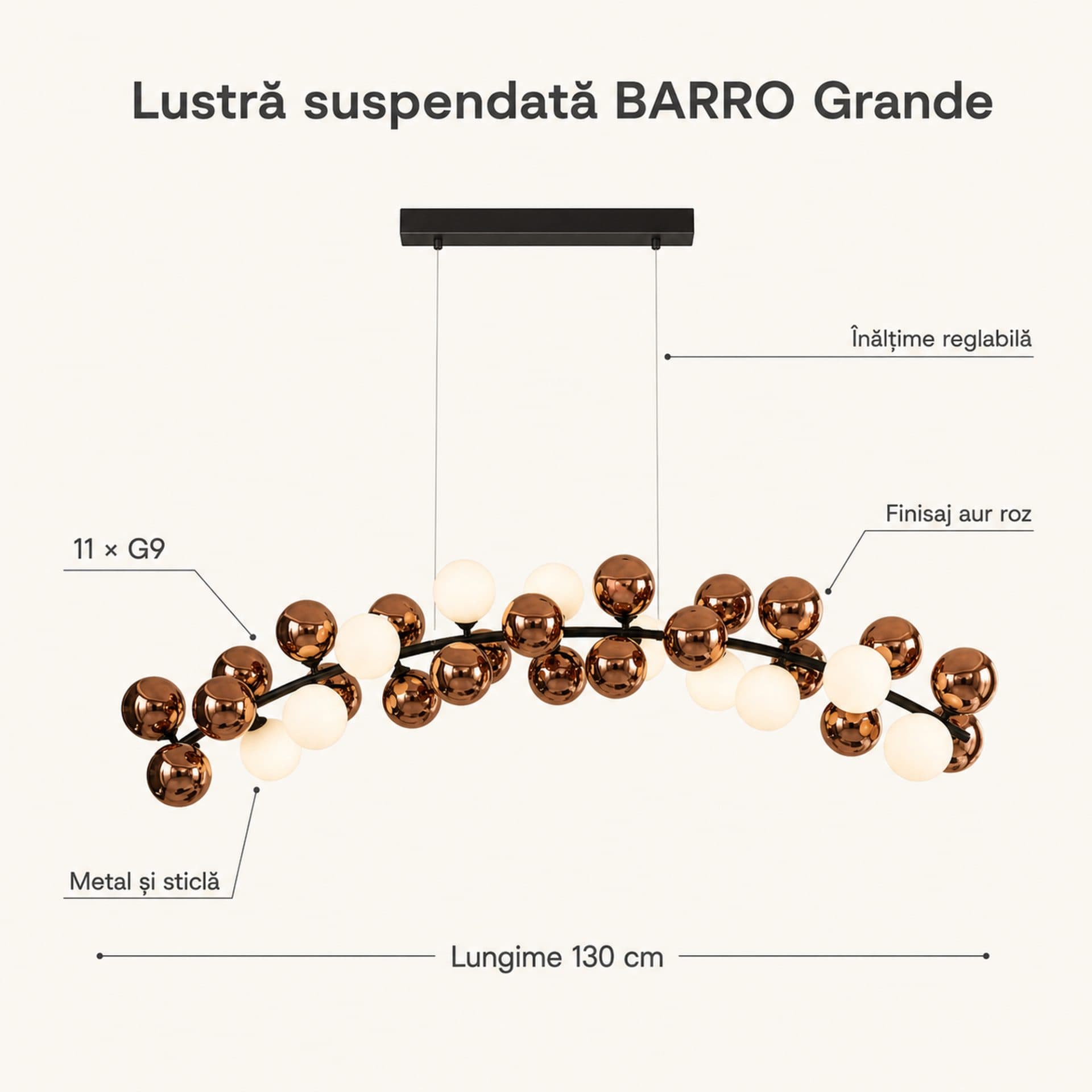 Lustra Suspendata BARRO Grande L130cm 11x G9 Rose Gold Metal si Sticla — imagine 12