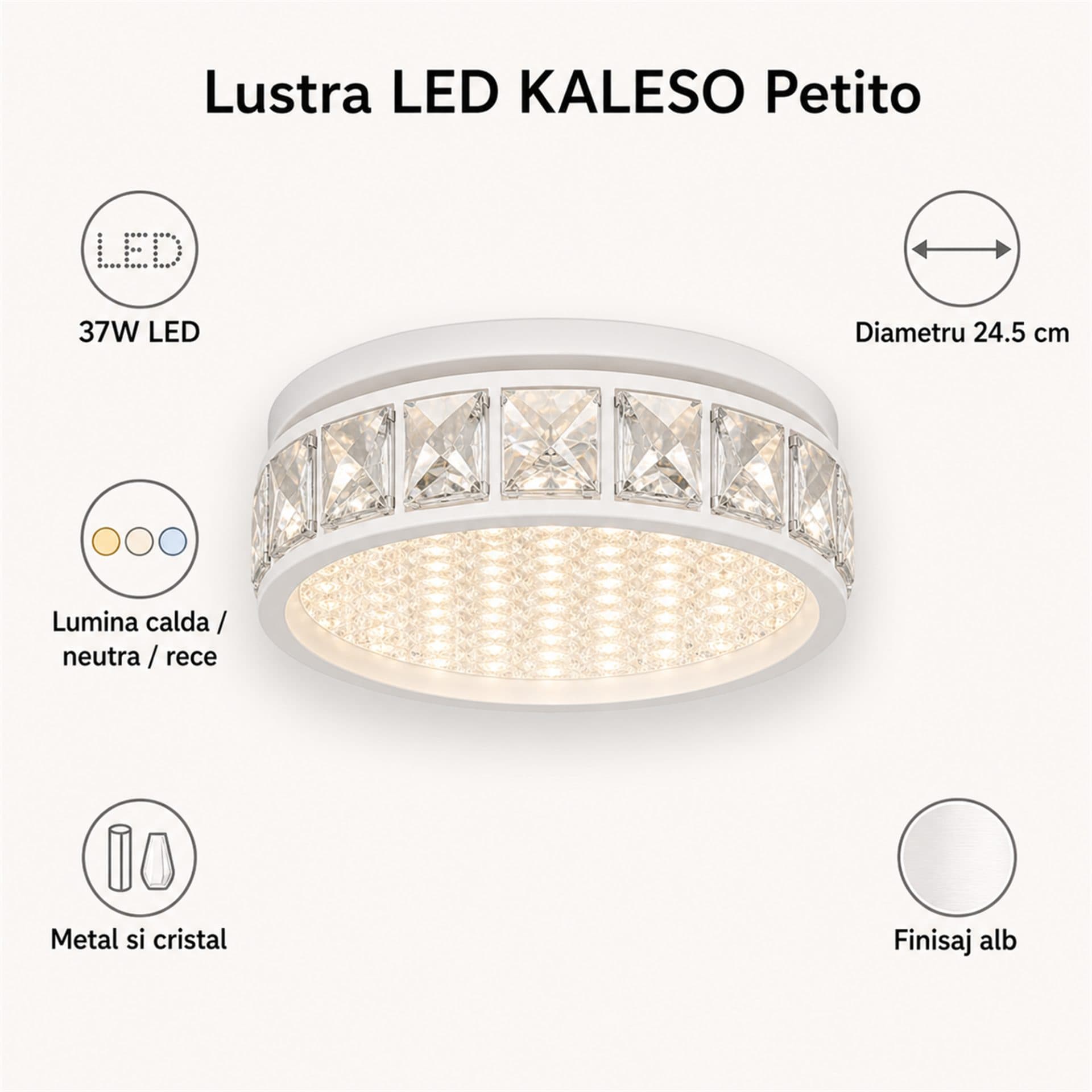 Lustra LED Flippy KALESO Petito 37W Diametru 24.5cm Lumina Calda/Neutra/Rece Alb Metal si Cristal — imagine 7
