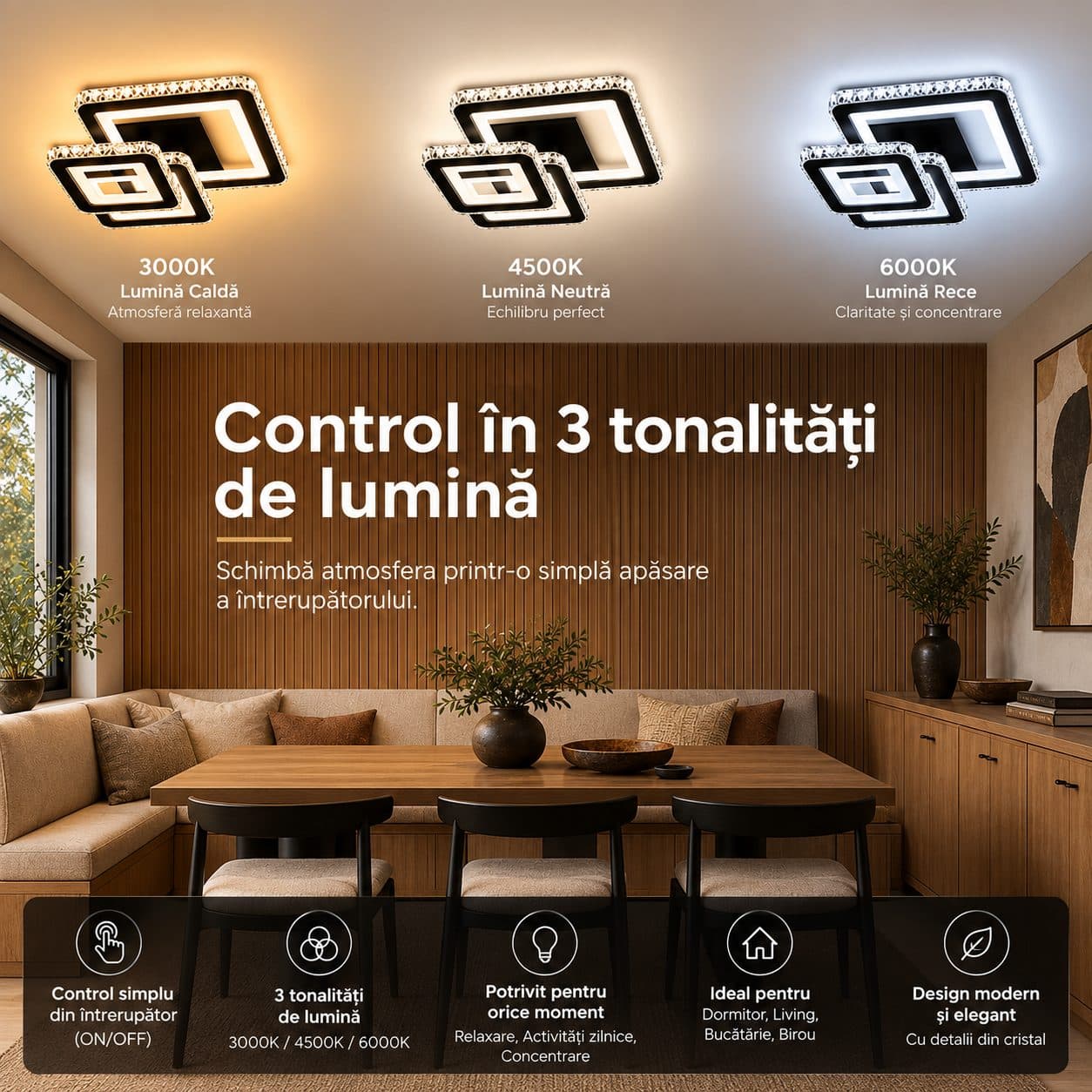 Lustra LED cu telecomanda Flippy LEILA 88W, 3 Patrate, Negru Crom Lucios — imagine 2