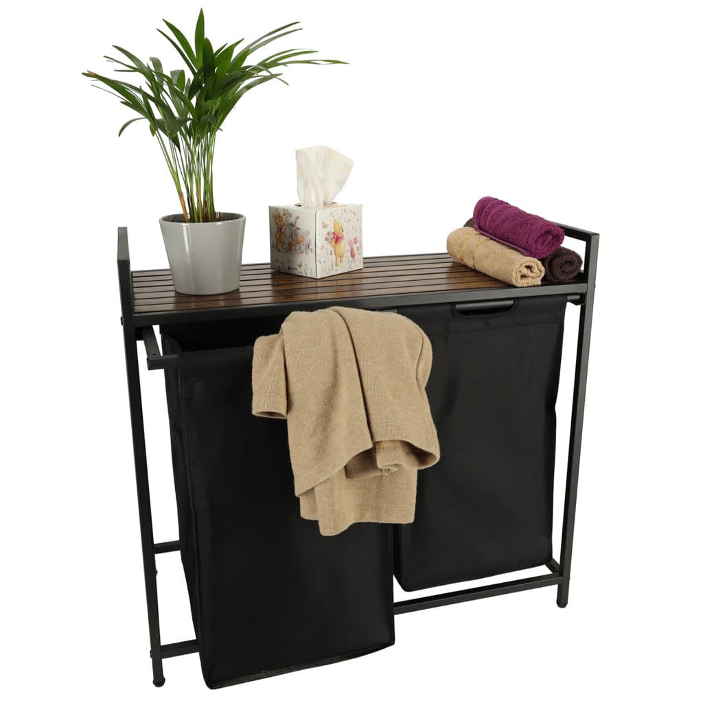 Cos de rufe cu doua compartimente, raft si blat din lemn, model LOFT, negru — imagine 7