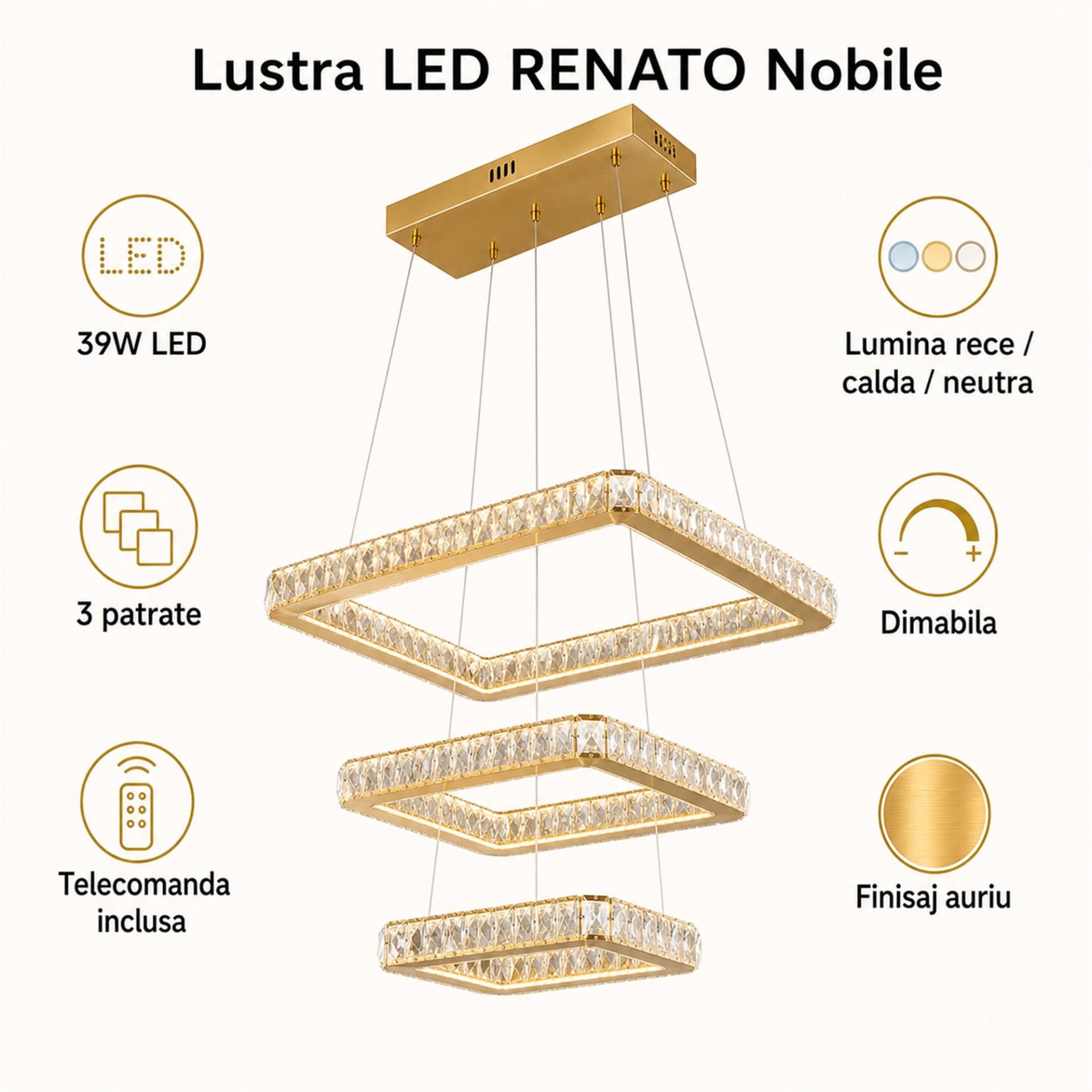 Lustra LED Flippy RENATO Nobile 39W Auriu cu telecomanda si cristal — imagine 3