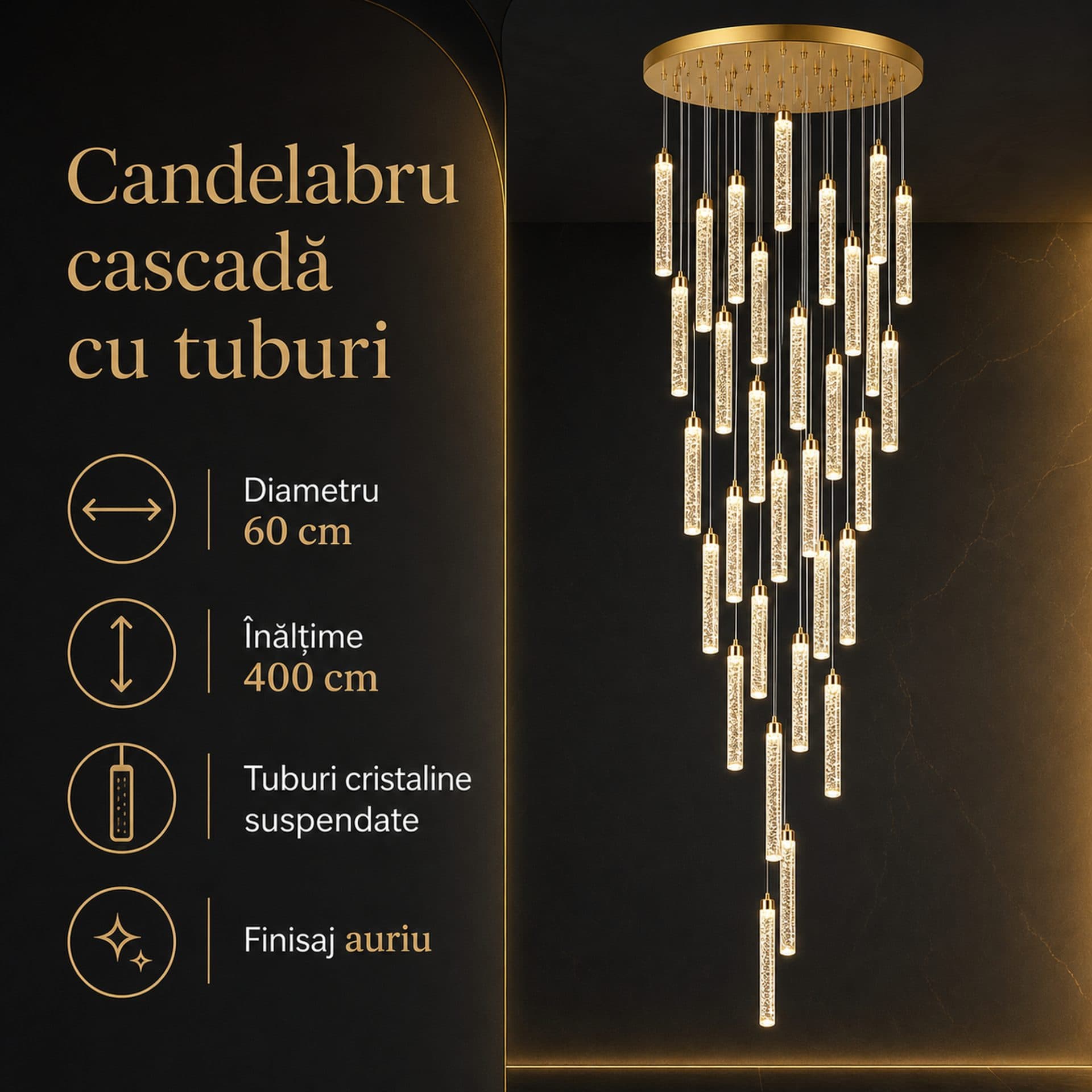 Candelabru Flippy Cristal LAGOM LED cu Telecomanda, Suspendat, 30 Surse, 90W, Diametru 60cm, Auriu, Metal si Cristal — imagine 12