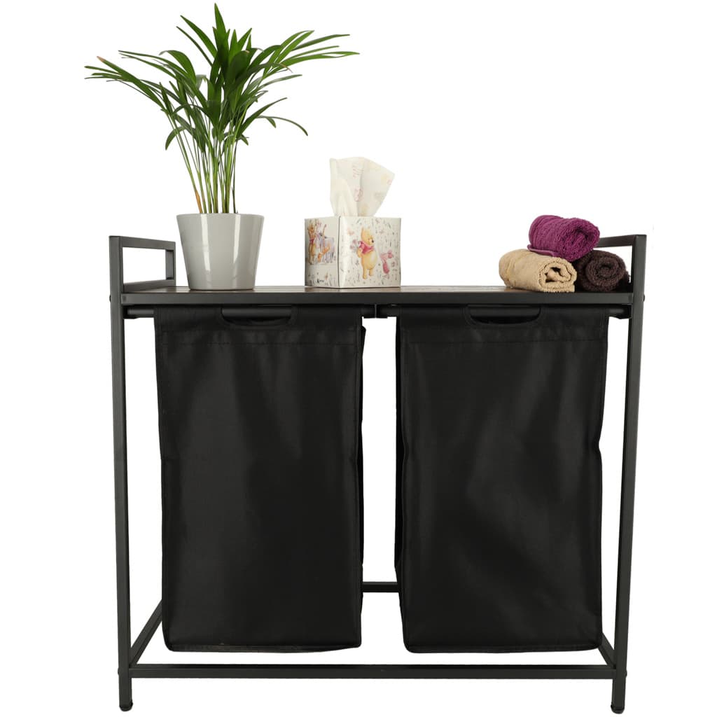 Cos de rufe cu doua compartimente, raft si blat din lemn, model LOFT, negru — imagine 6