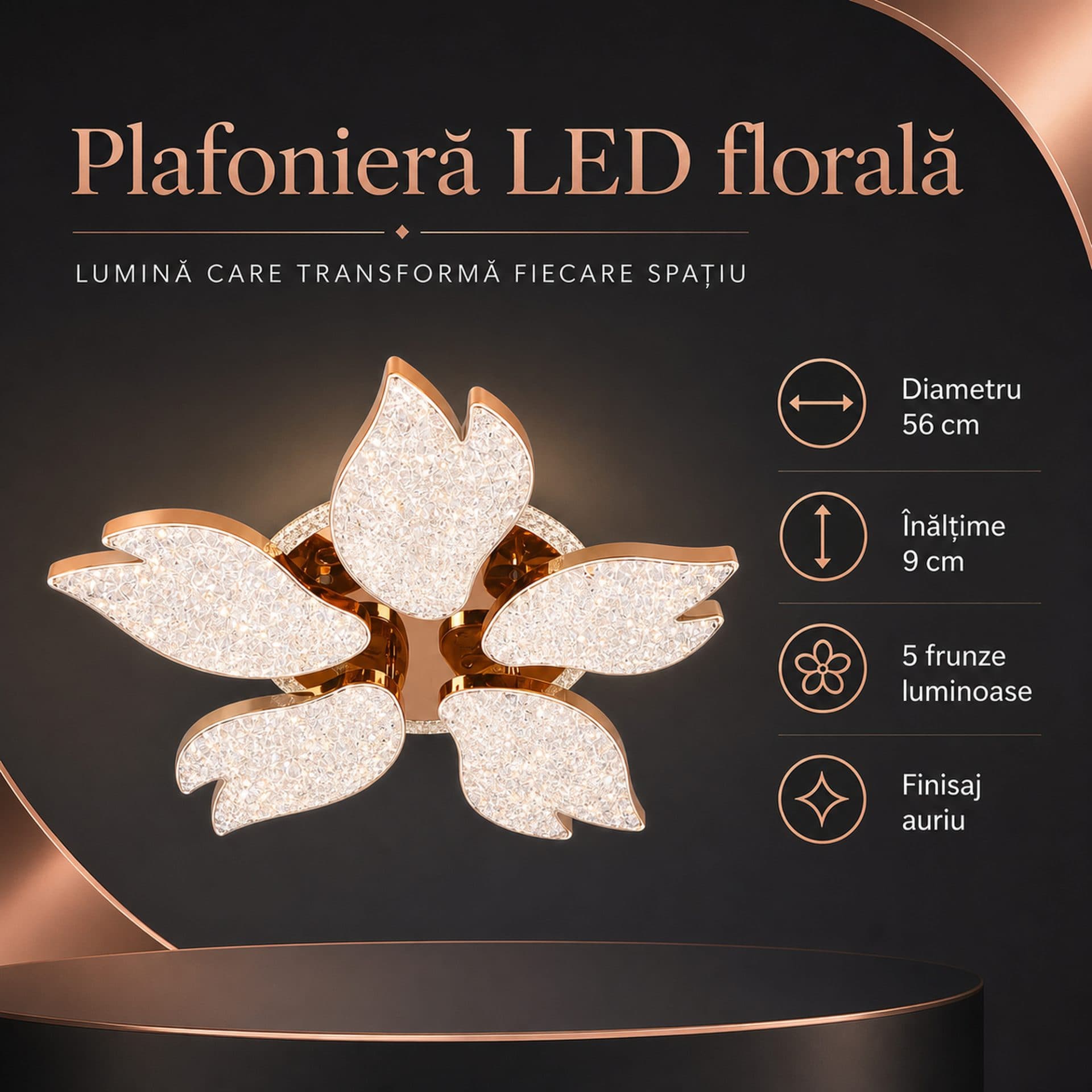 Lustra LED Flippy BLUME Magno cu telecomanda, 79W, 5 Surse, Finisaj Auriu — imagine 8