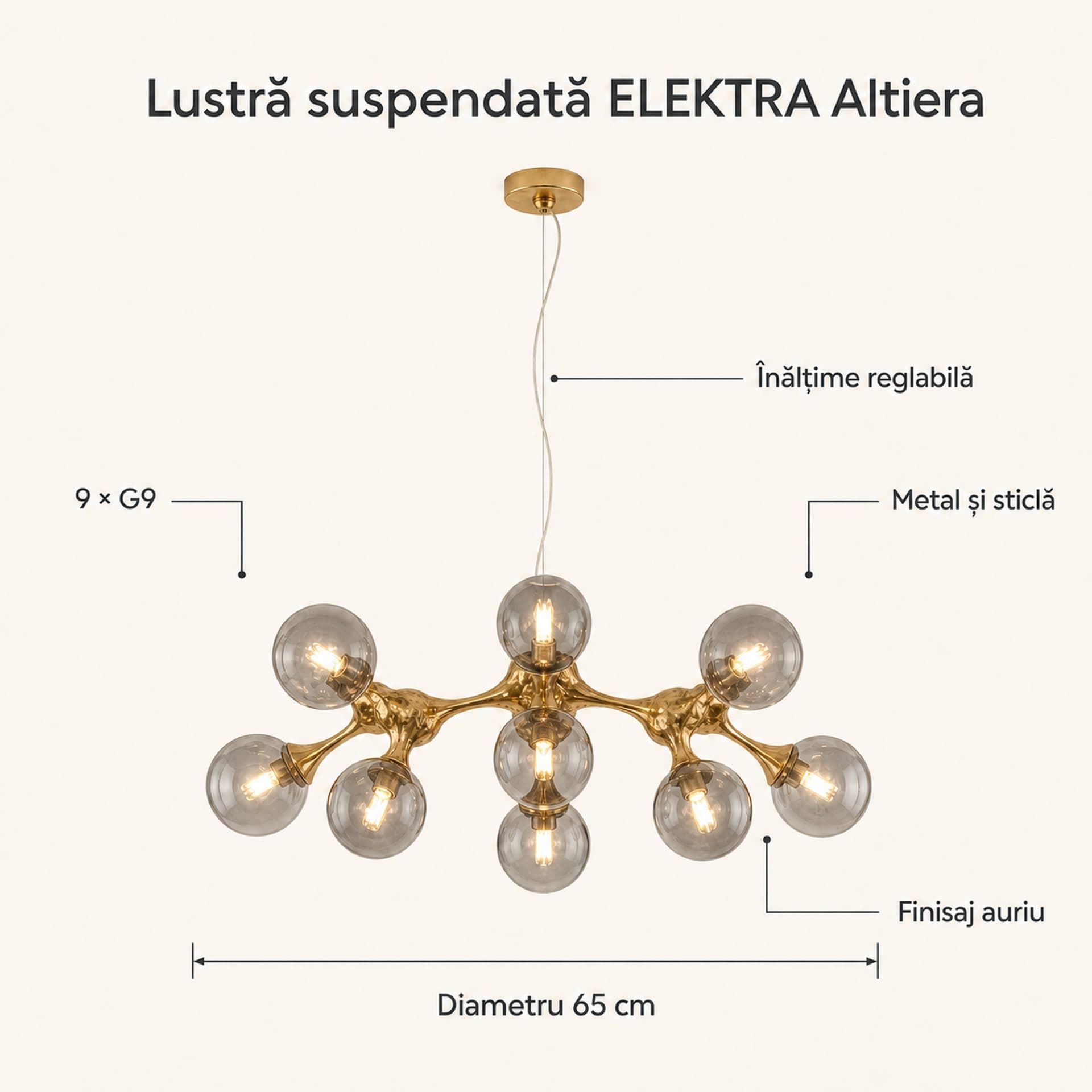 Lustra Suspendata Flippy ELEKTRA Altiera, Ø65cm, 9xG9, Auriu, Metal si Sticla — imagine 12