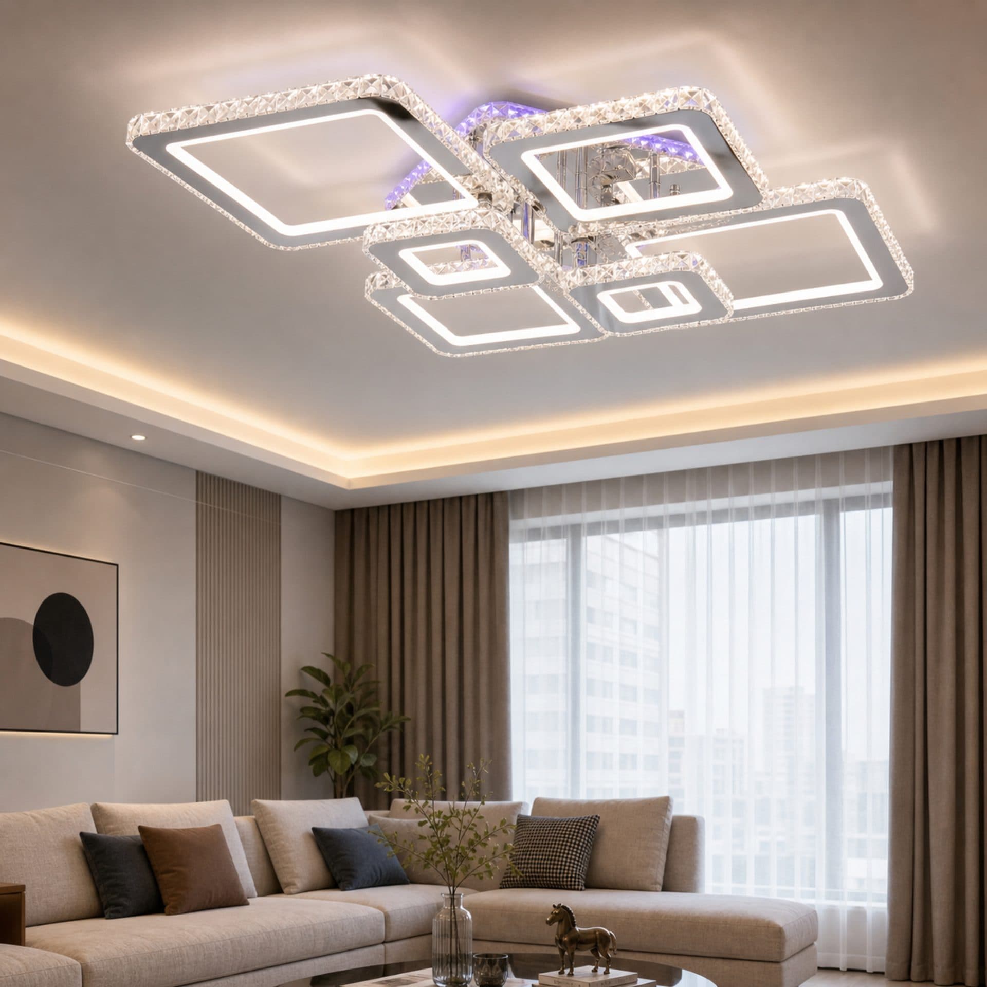 Lustra LED Flippy NOVA RHOMBA RGB 168W, 6 Patrate, telecomanda, Crom Lucios — imagine 3