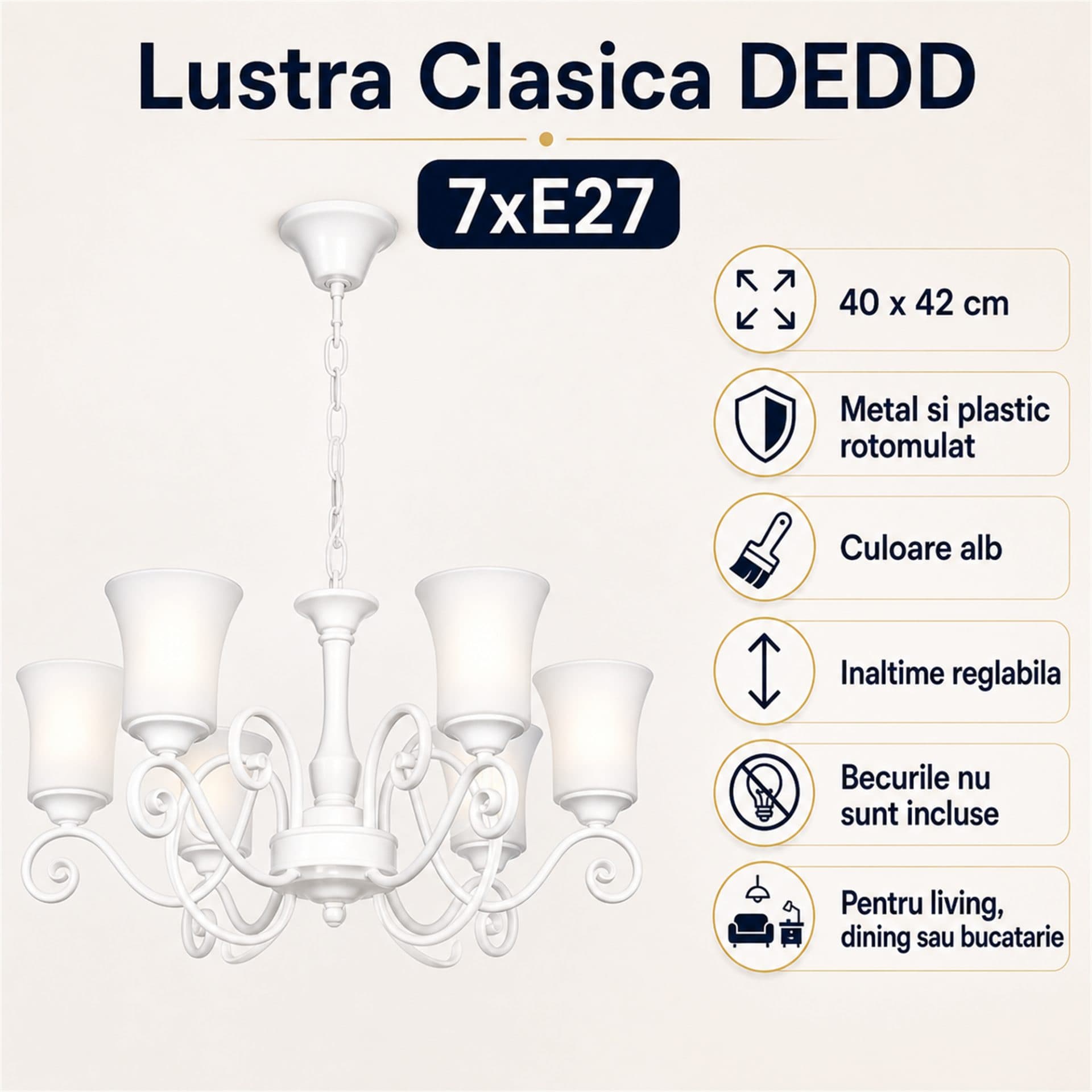 Lustra Flippy Clasica DEDD 7xE27 40x42cm Metal si Plastic rotomulat Alb Inaltime Reglabila — imagine 3