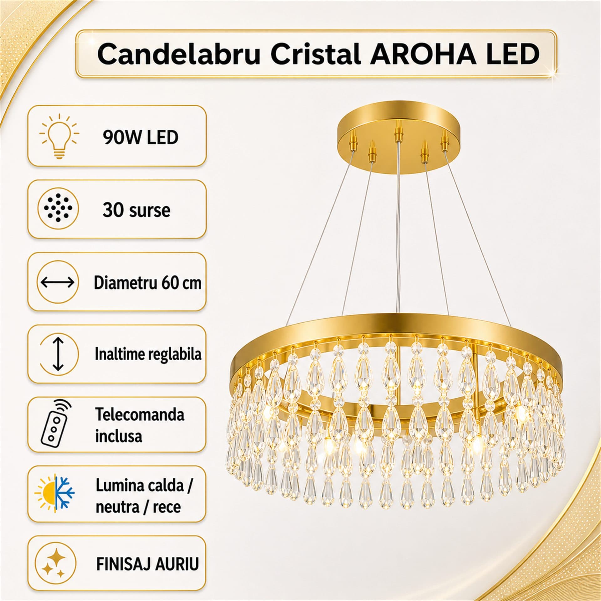Candelabru LED Flippy Cristal Suspendat 30 Surse 90W Auriu — imagine 1