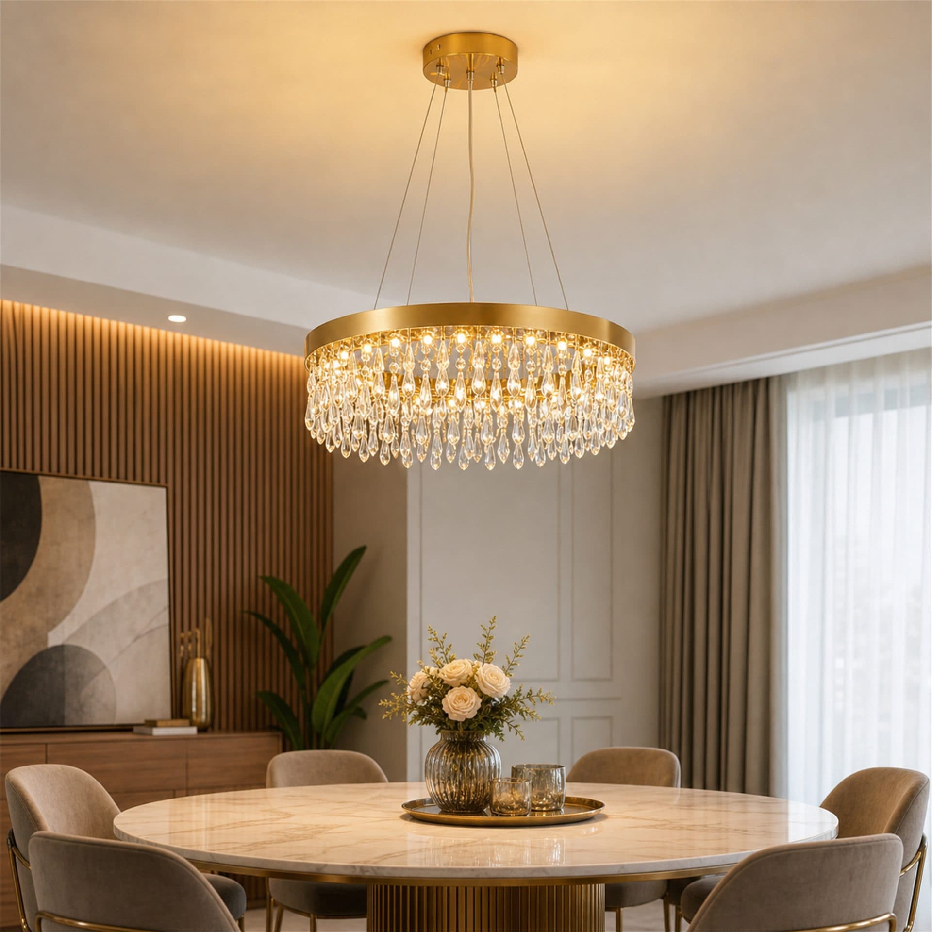 Candelabru Flippy Cristal LAGOM LED cu Telecomanda, Suspendat, 30 Surse, 90W, Diametru 60cm, Auriu, Metal si Cristal — imagine 2