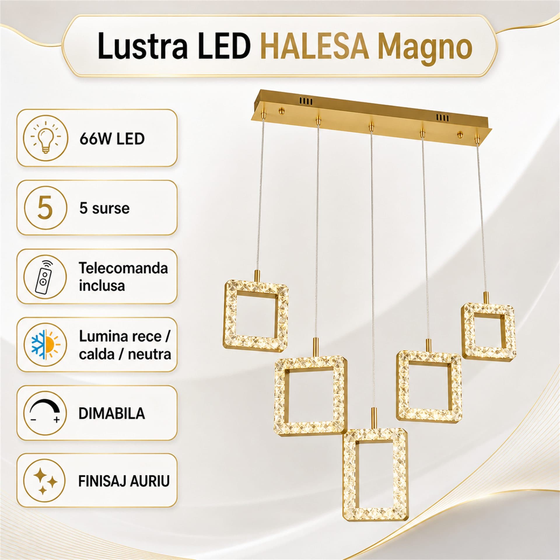 Lustra LED Flippy Magno cu telecomanda si cristal, 66W, 5 Surse, Lumina Rece/Calda/Neutra, Dimabila, Auriu — imagine 4
