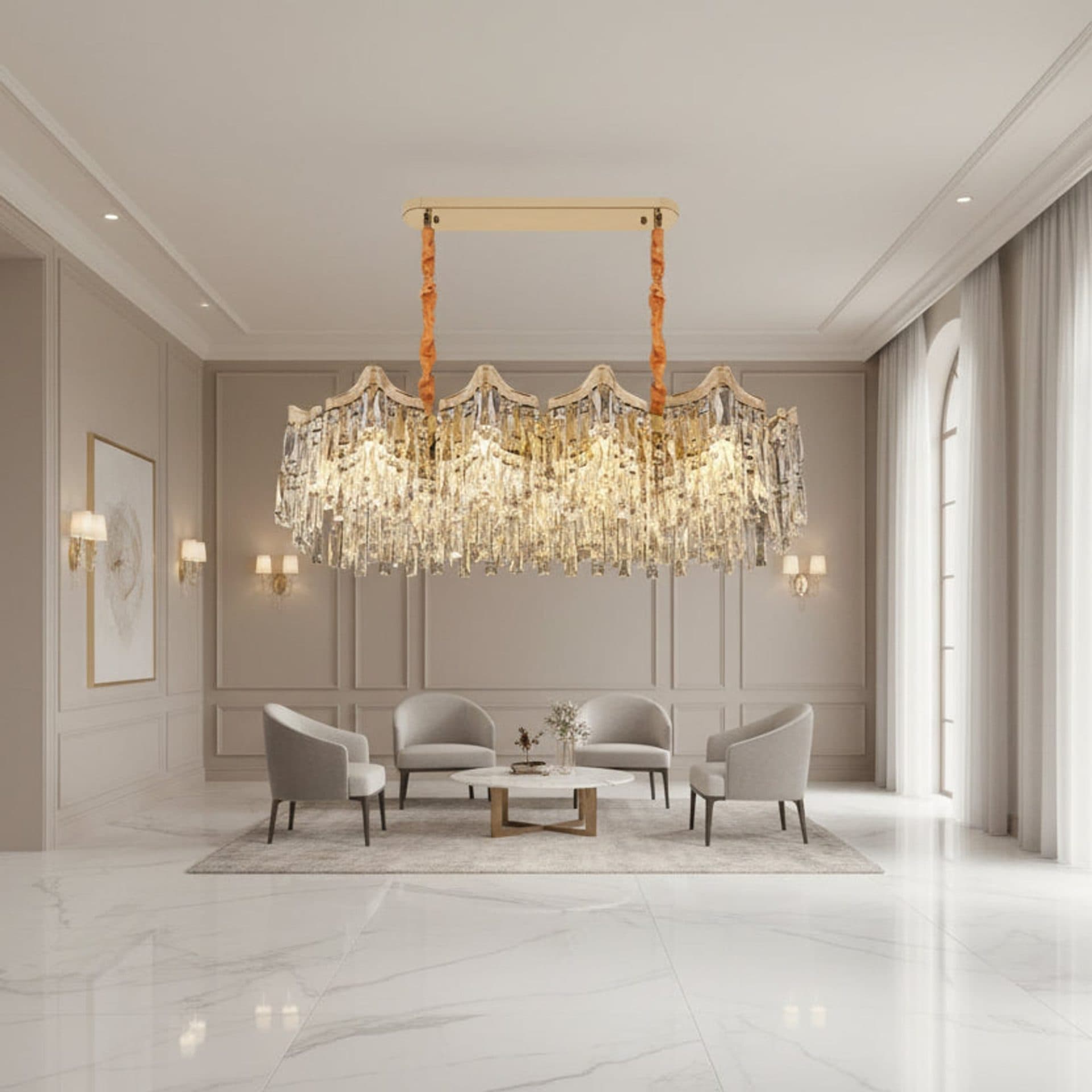 Candelabru Flippy Cristal VETRA Supremo 15xE14, 100x35 cm, Auriu, Inaltime Reglabila, Metal si Cristal — imagine 1