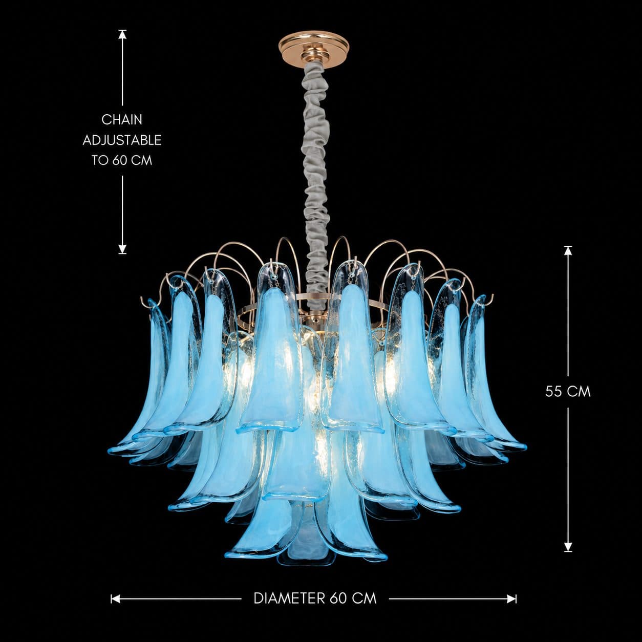 Candelabru Flippy Cristal MURANO Magno 7xE14, D60 cm, Albastru, Inaltime Reglabila, Metal si Cristal — imagine 9