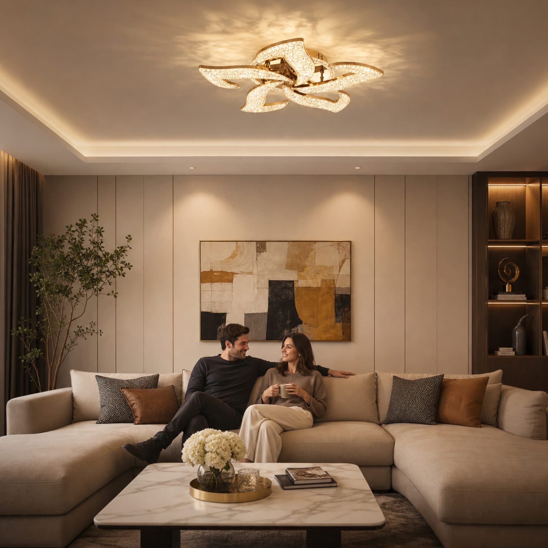 Lustra LED Flippy Magno cu telecomanda si cristal, 66W, 5 Surse, Lumina Rece/Calda/Neutra, Dimabila, Auriu — imagine 7