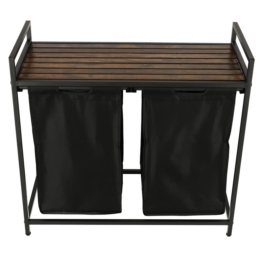 Cos de rufe cu doua compartimente, raft si blat din lemn, model LOFT, negru — imagine 5