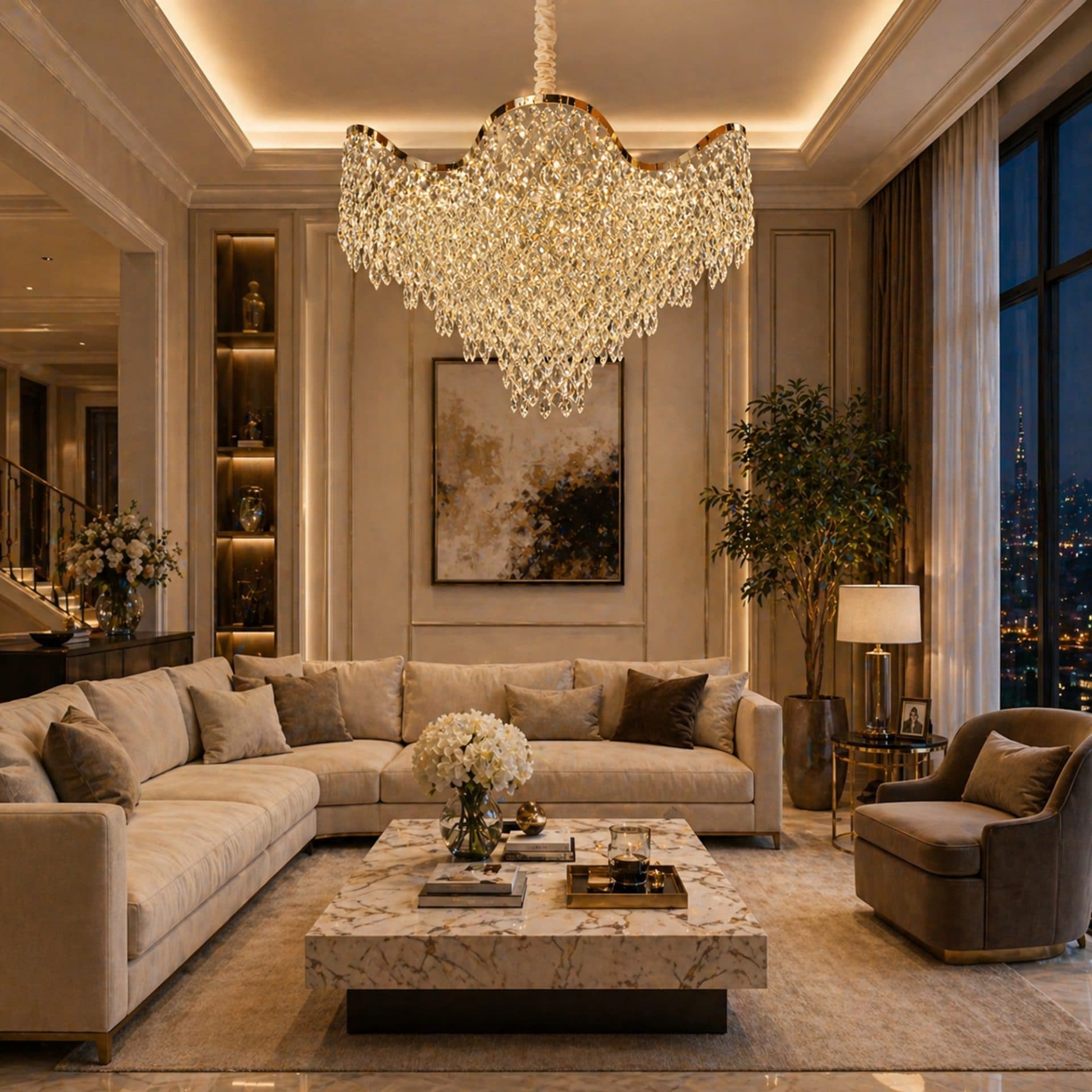 Candelabru Cristal VELOURA Regalis 22xE14, D80 cm, Auriu, Inaltime Reglabila, Metal si Cristal — imagine 3