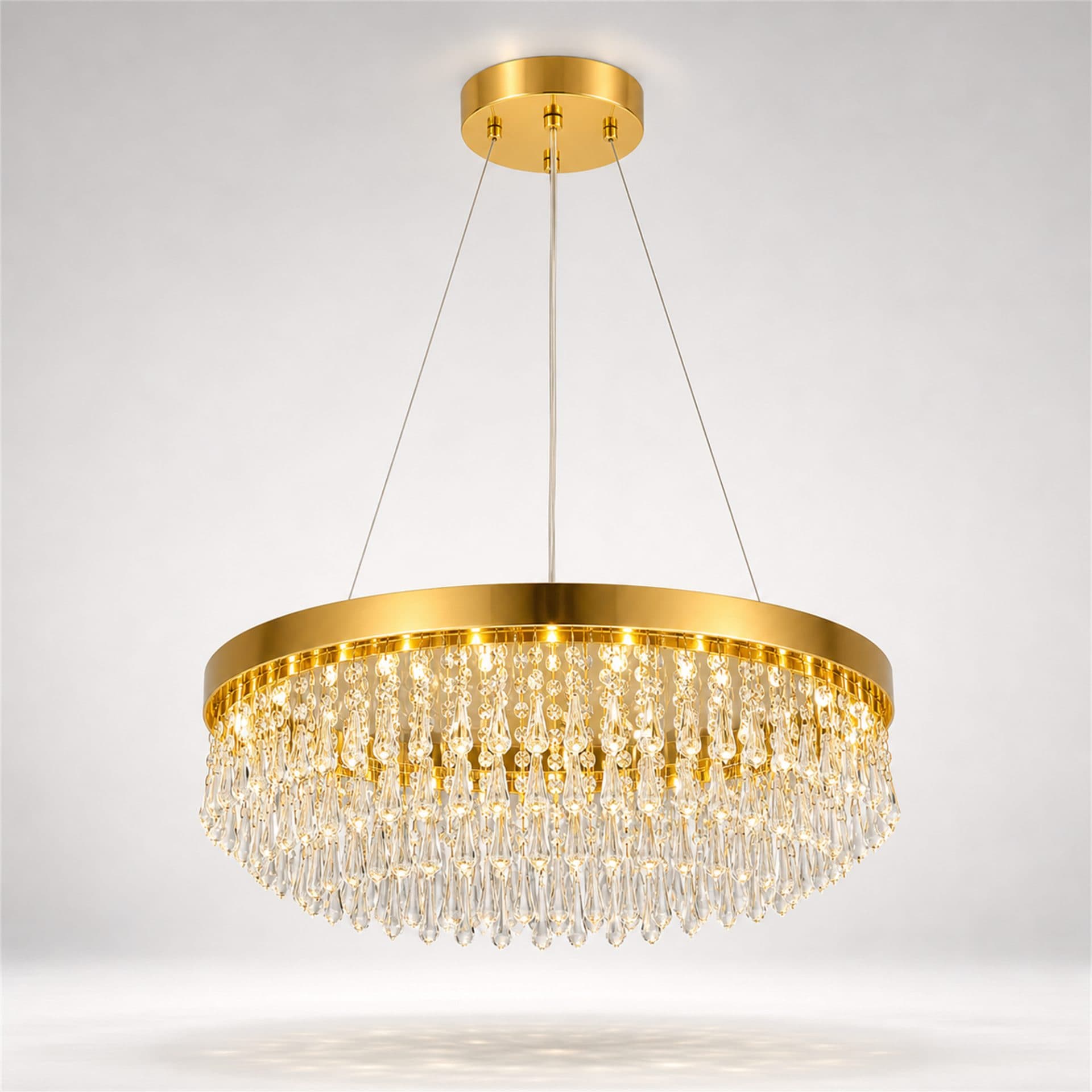 Candelabru Flippy Cristal LAGOM LED cu Telecomanda, Suspendat, 30 Surse, 90W, Diametru 60cm, Auriu, Metal si Cristal — imagine 1