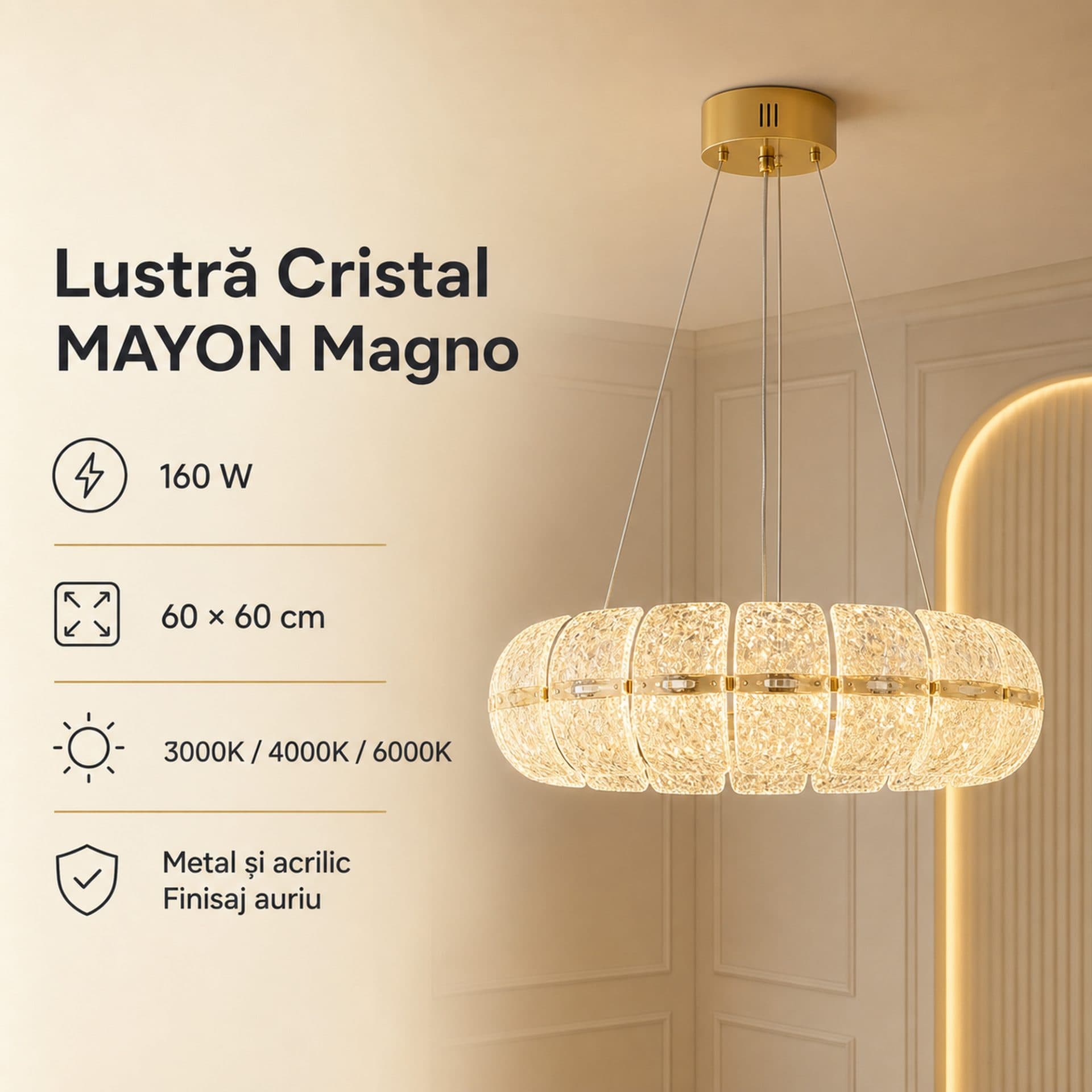 Lustra cristal Flippy MAYON Magno, 60x60cm, 160W, Auriu — imagine 6