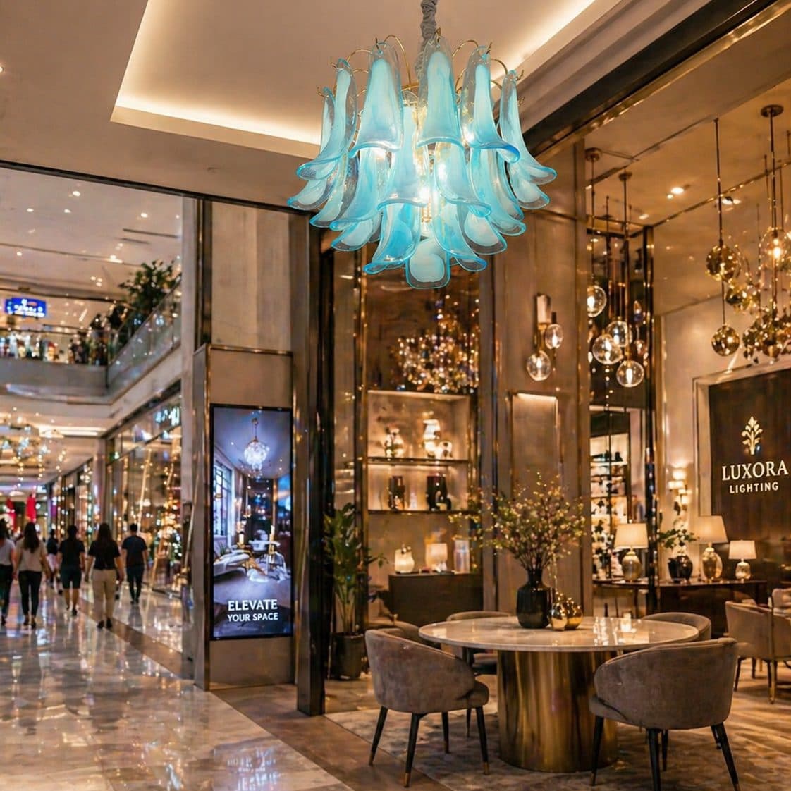 Candelabru Flippy Cristal MURANO Magno 7xE14, D60 cm, Albastru, Inaltime Reglabila, Metal si Cristal — imagine 5