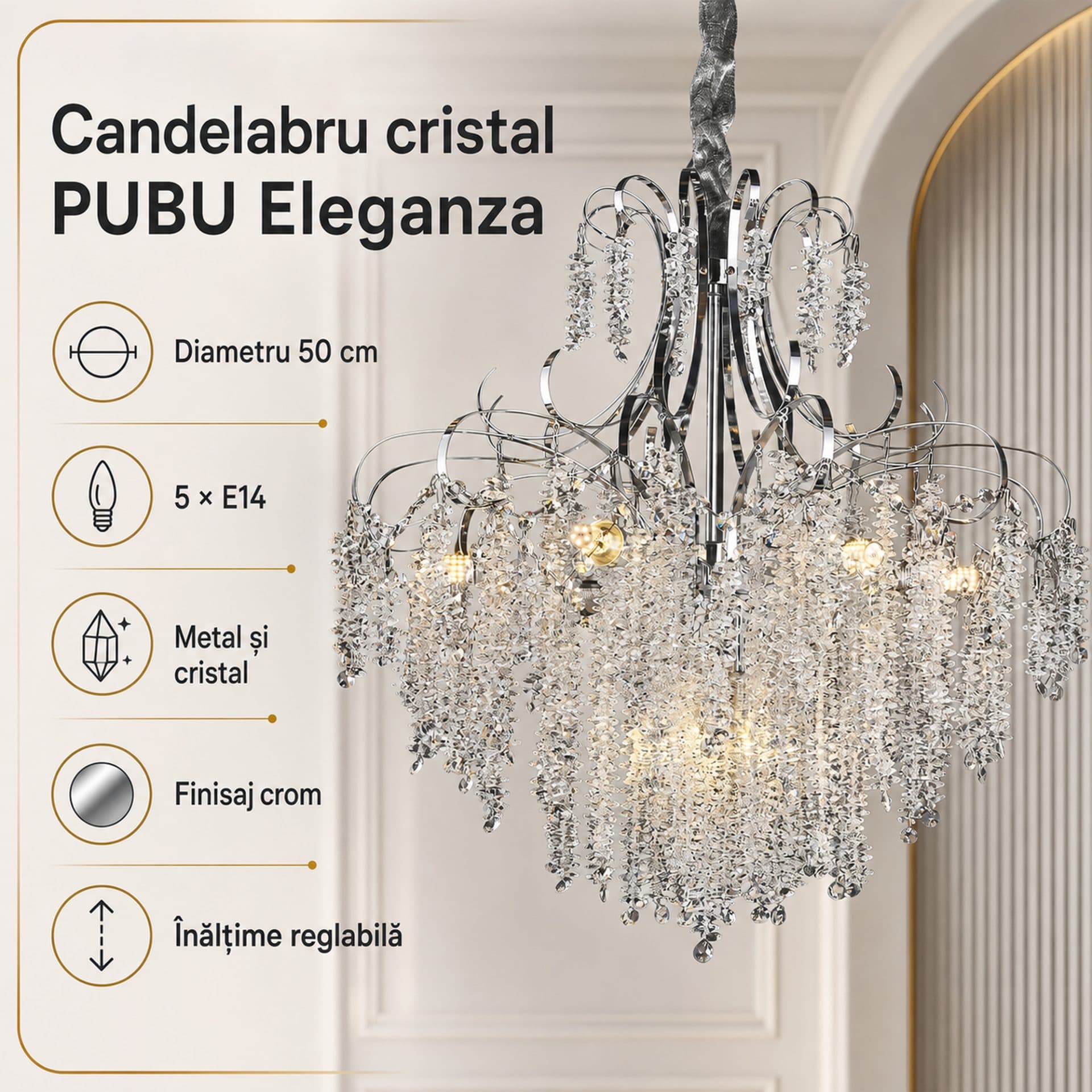 Candelabru Flippy Cristal PUBU Eleganza, 5x E14, Diametru 50cm, Crom — imagine 13