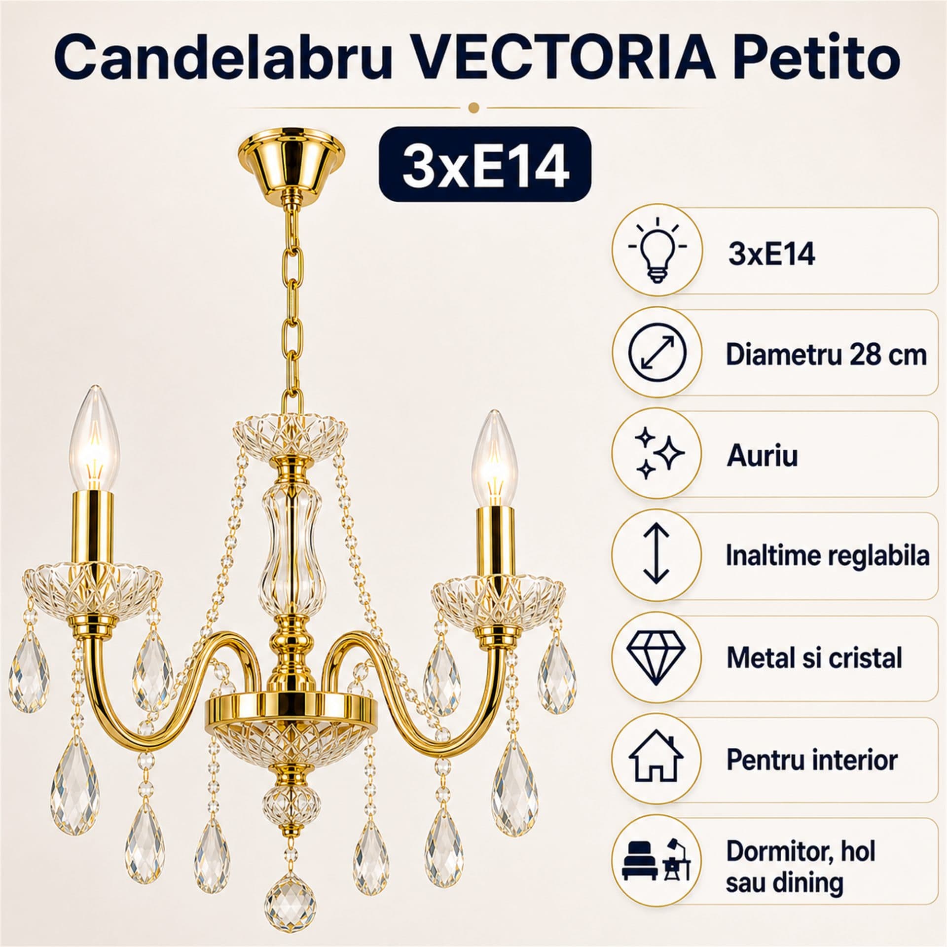 Candelabru cristal Flippy VECTORIA Petito, 3xE14, 28cm, auriu — imagine 2