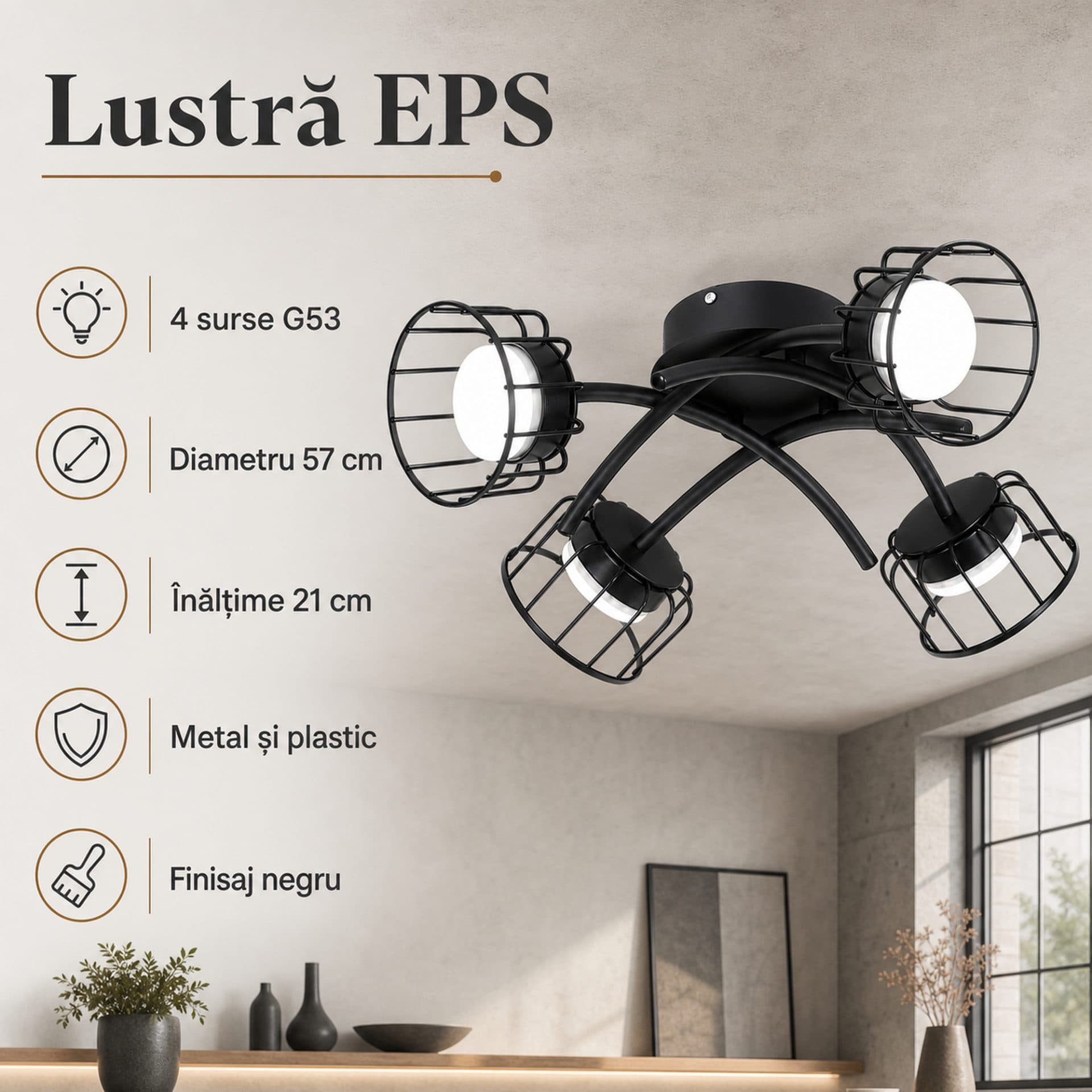 Lustra EPS Flippy, 4xGX53, 57cm, Negru — imagine 4