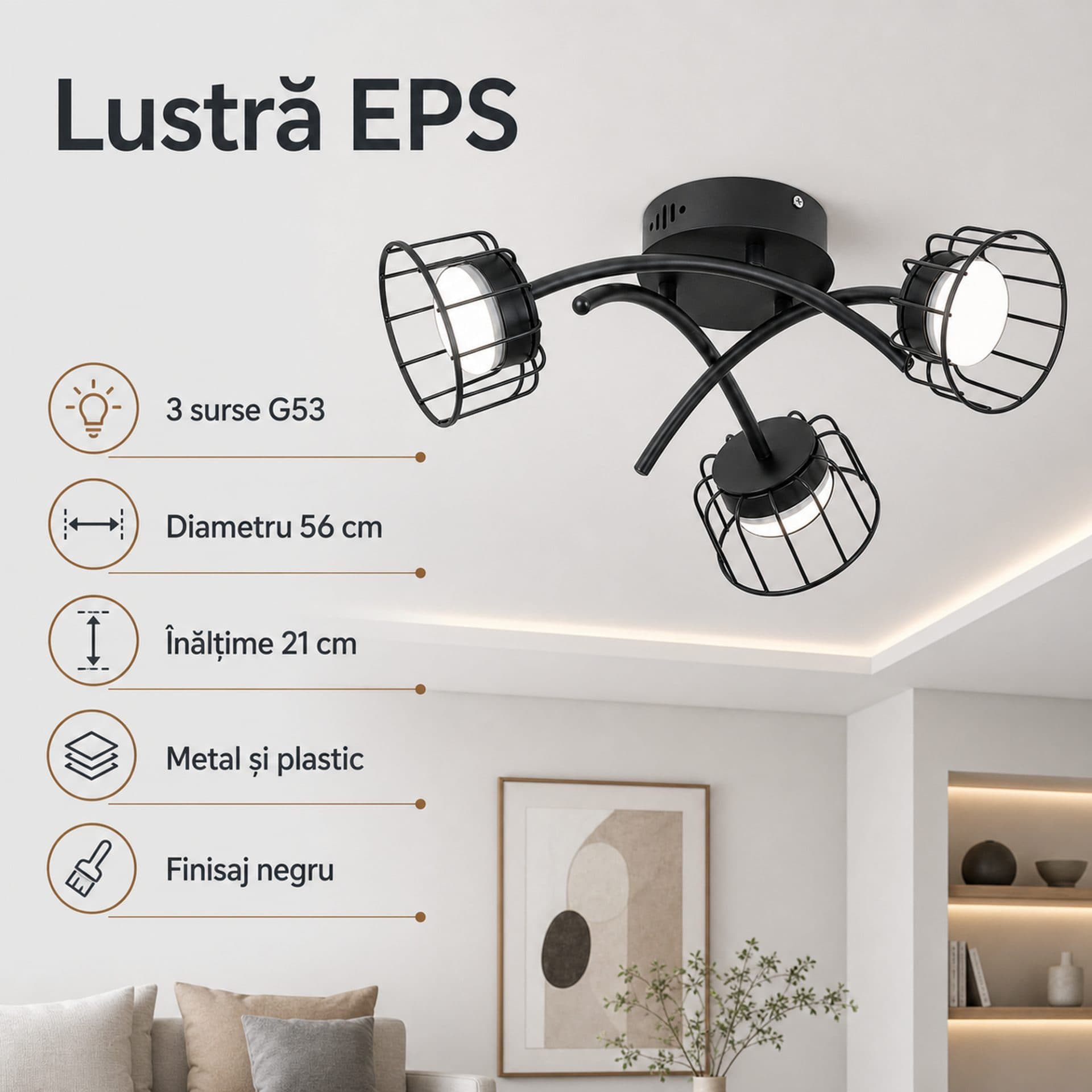 Lustra EPS Flippy, 3xGX53, 56cm, Negru — imagine 4