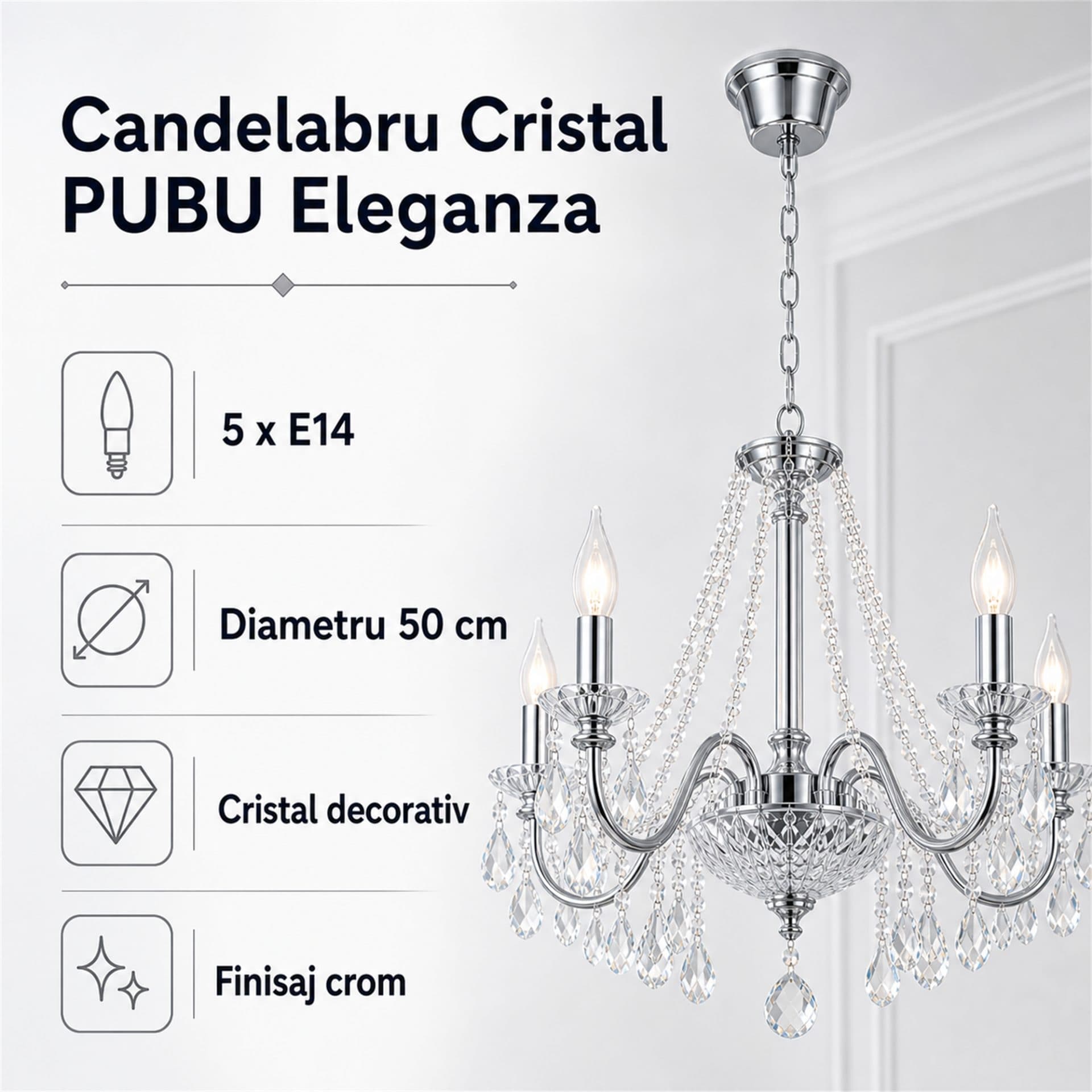 Candelabru Flippy Cristal PUBU Eleganza, 5x E14, Diametru 50cm, Crom — imagine 4