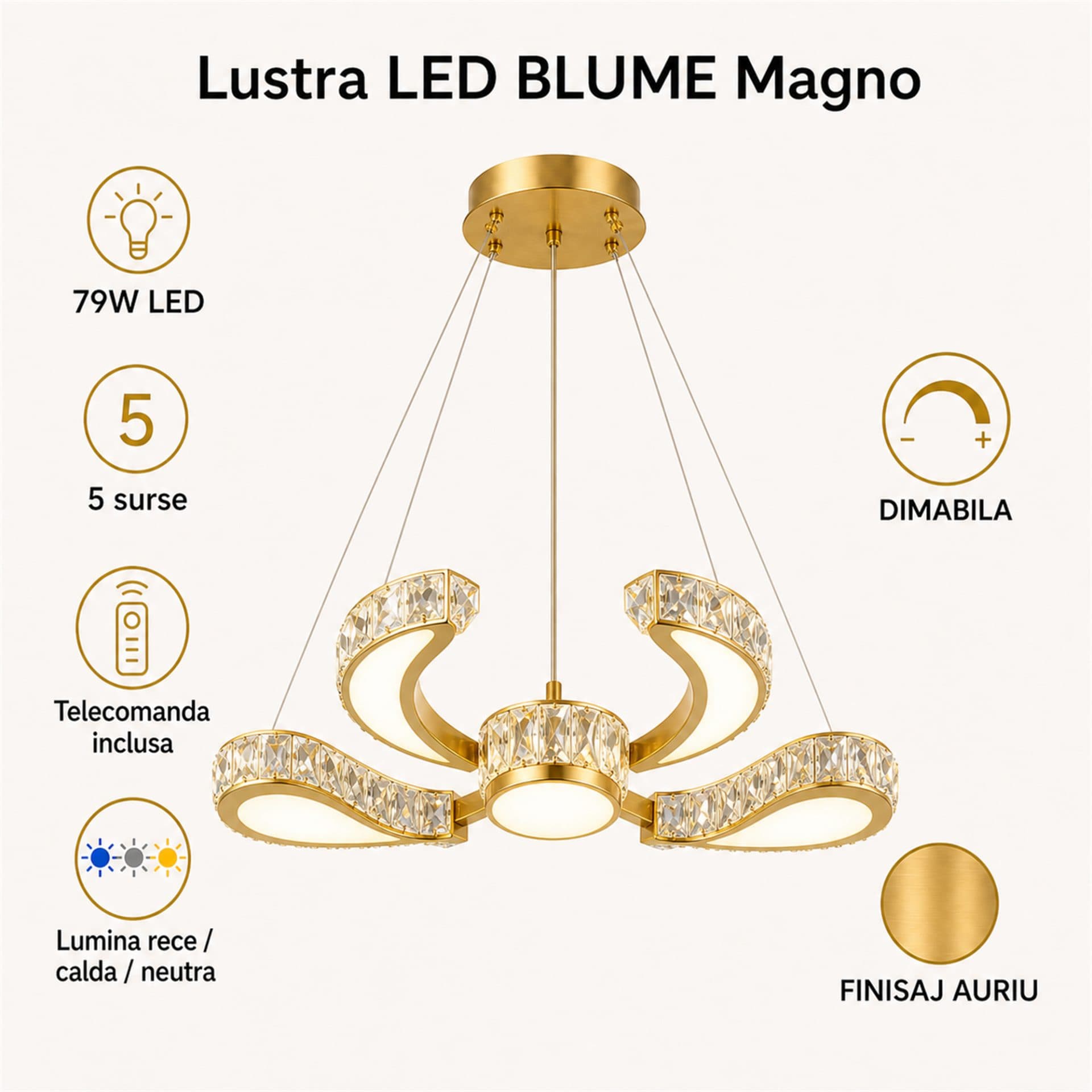 Lustra LED Flippy BLUME Magno cu telecomanda, 79W, 5 Surse, Finisaj Auriu — imagine 4