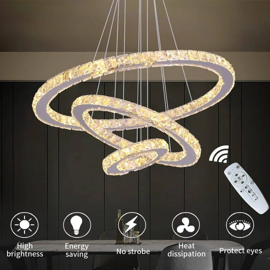 Lustra LED suspendata Flippy cu telecomanda si cristal CAYDEN 200W, 3 Cercuri, lumina Rece/Calda/Neutra, Dimabila, Crom Lucios, Inaltime Reglabila — imagine 1