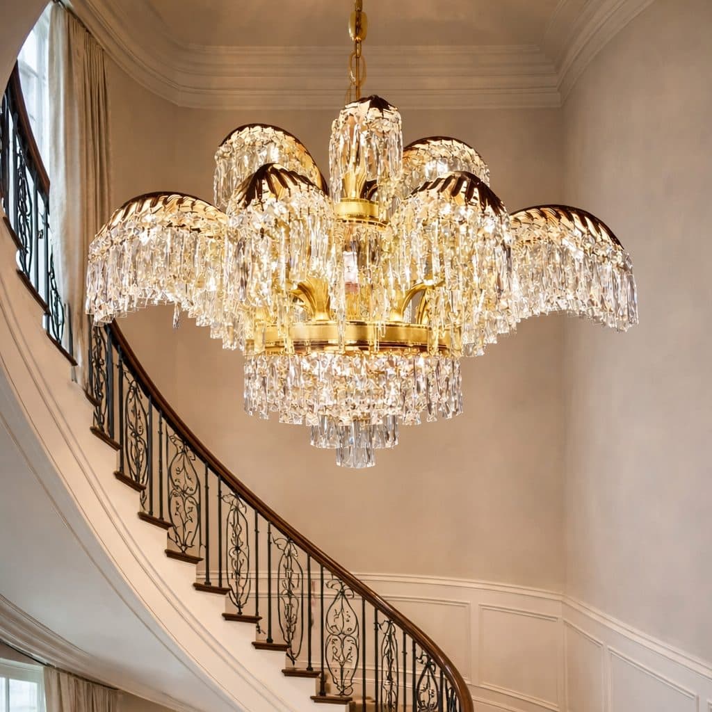 Candelabru Cristal, 8 brate, D80cm, Auriu Lucios, Inaltime Reglabila, Metal si Cristal — imagine 5