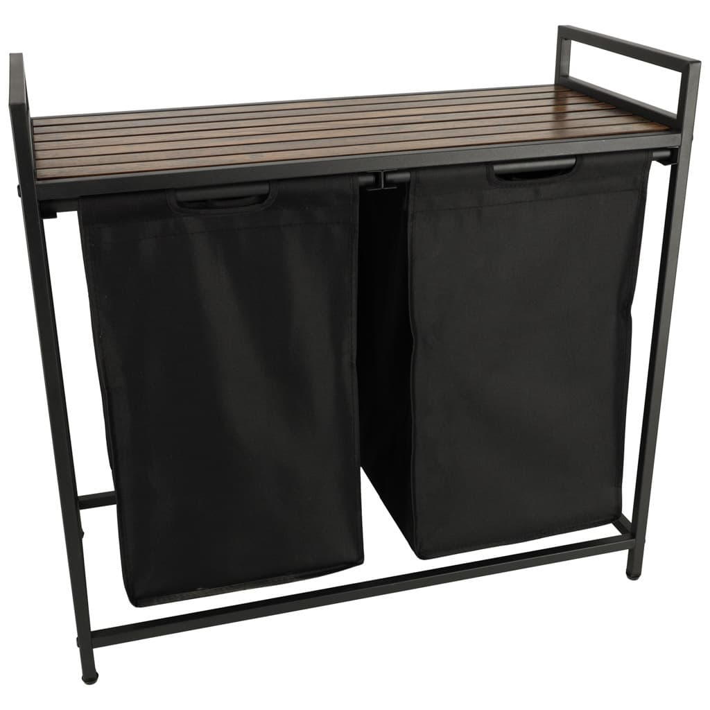 Cos de rufe cu doua compartimente, raft si blat din lemn, model LOFT, negru — imagine 2